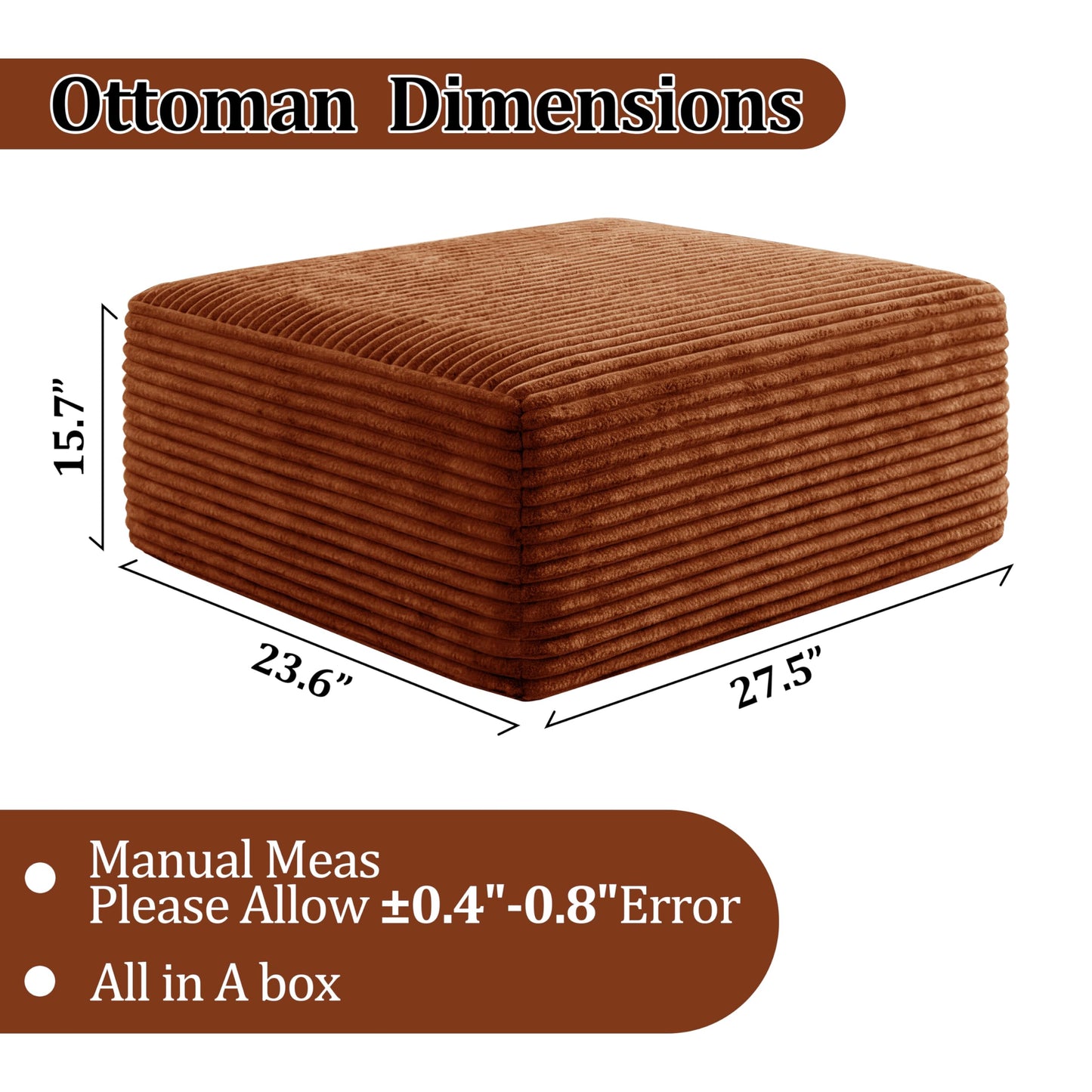 Corduroy Ottoman, Modern Boneless Cloud Foot Rest Foam Support, Oversized Modular Sectional Sofa Rectangel Stool for Living Room, Bedroom & Small Spaces, No Assembly Required (Orange, Ottoman)
