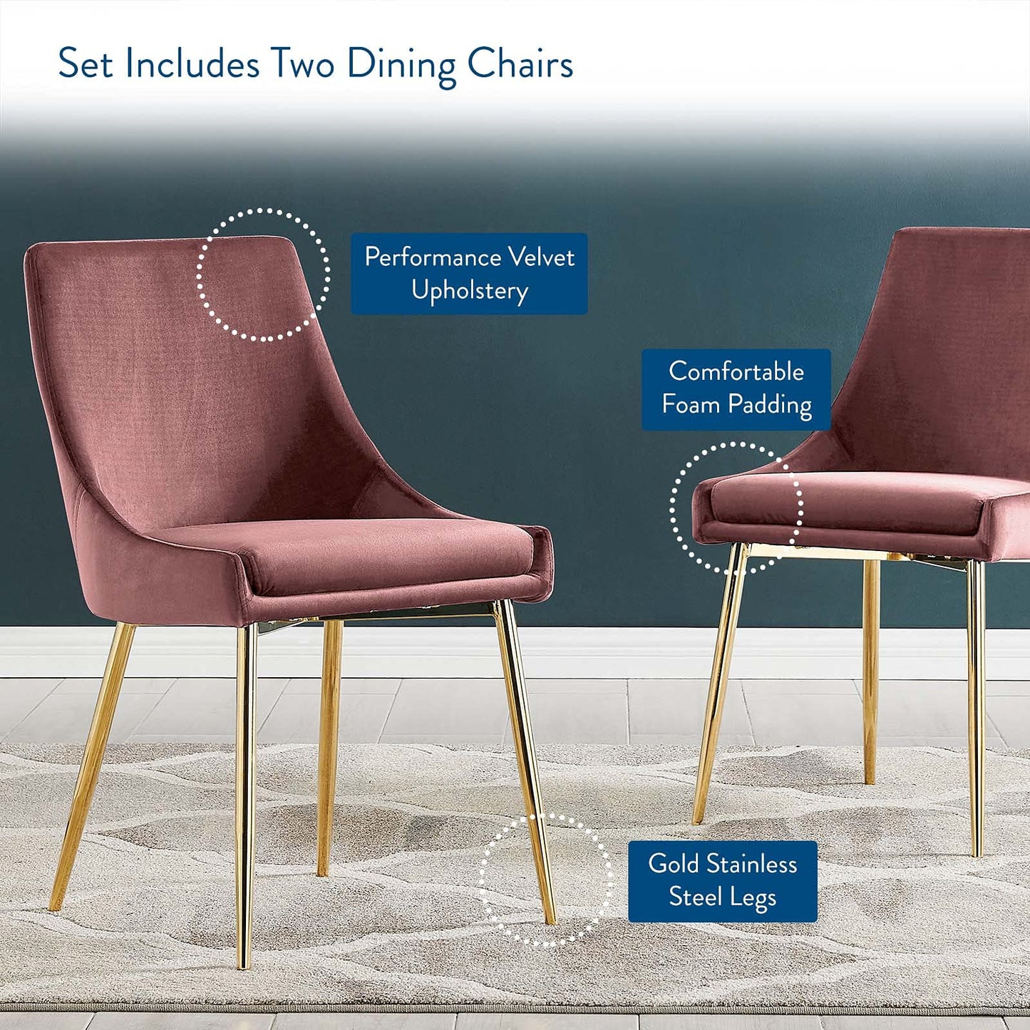Modway Viscount Performance Velvet Upholstered Side Dining Chairs in Gold Dusty Rose - Set of 2