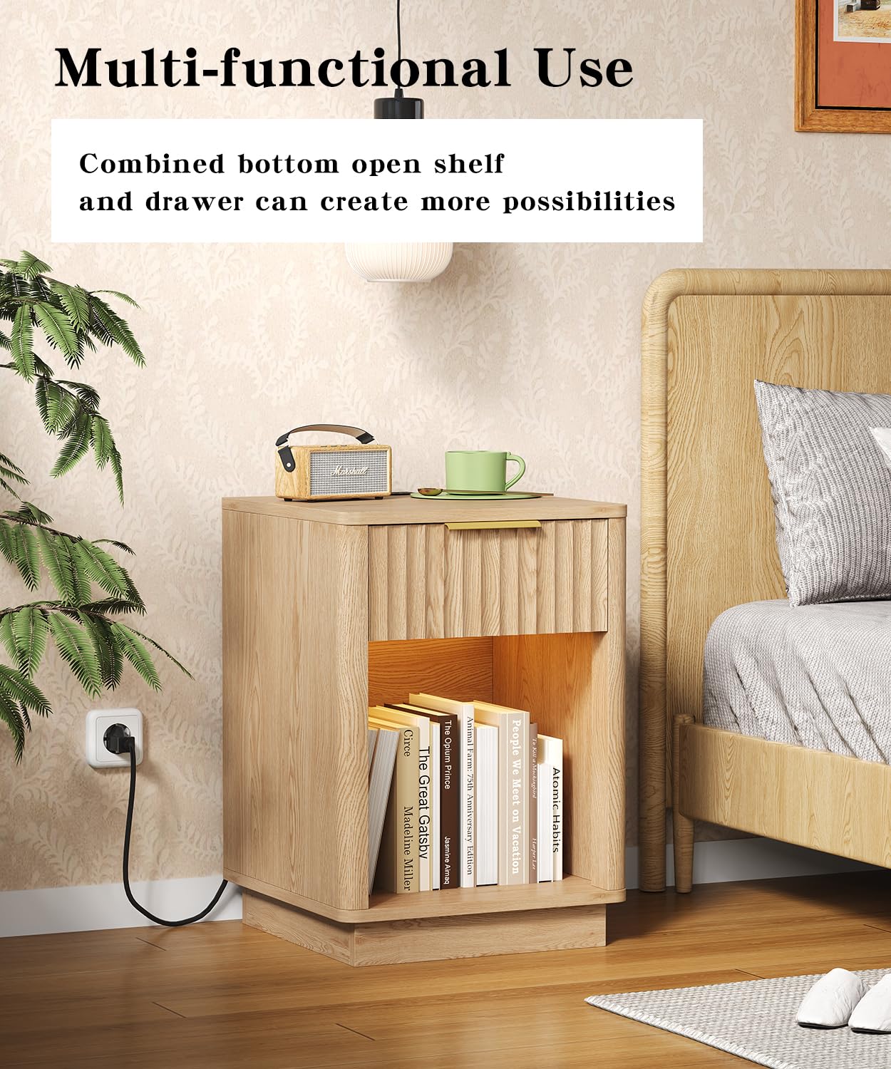 Akxomel Fluted Nightstand, Wooden Night Stand with Charging Station and LED Light, Modern Mid Century End Table with Drawer, 15" D x 15.7" W x 22.6" H, for Bedroom, Natural Oak