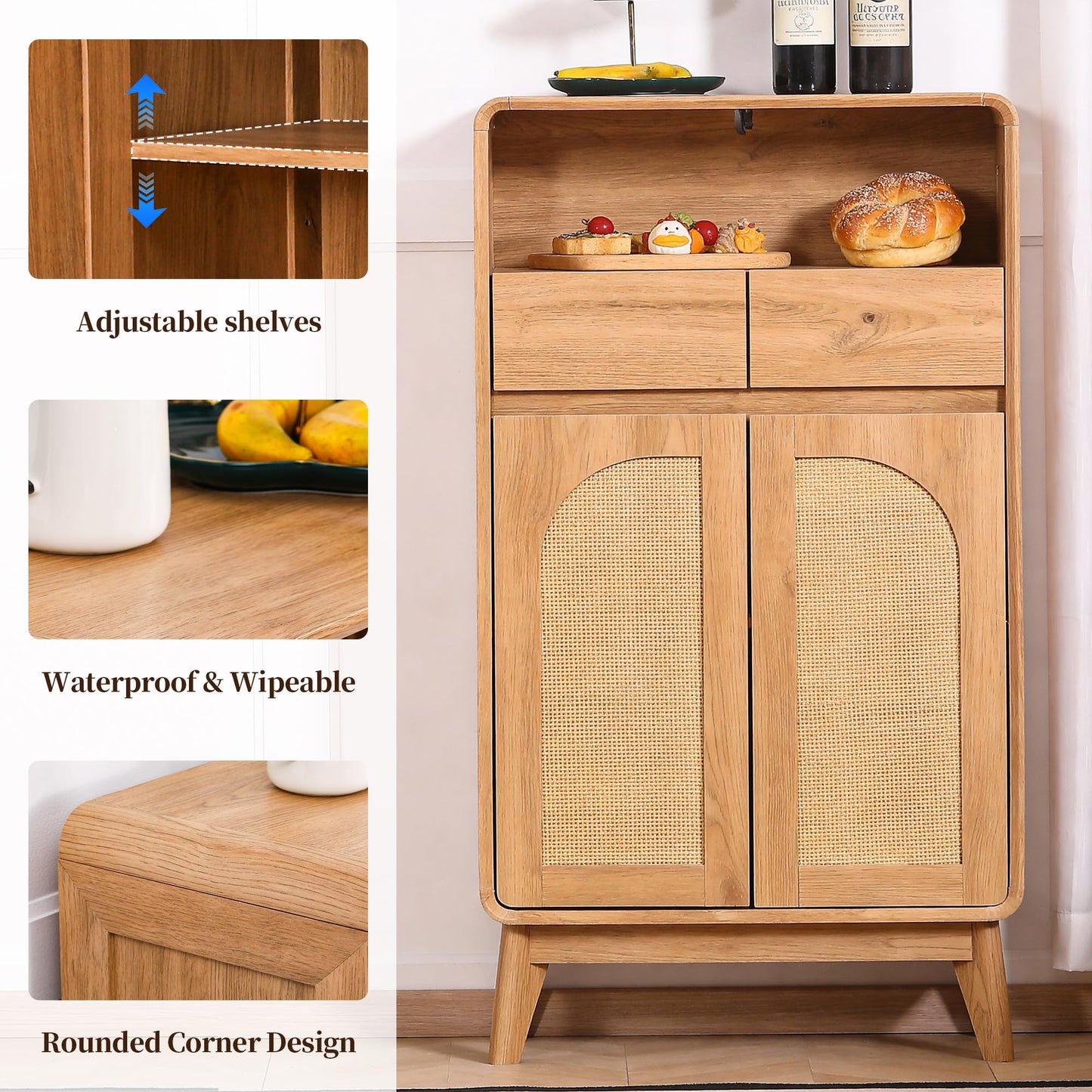 GlowVitaHome 45" H Tall Buffet Cabinet with Adjustable Shelves, Modern Accent Sideboard with Doors and Drawers, Kitchen Storage and Coffee Bar Cabinet for Living Room,Dining Room, Entryway