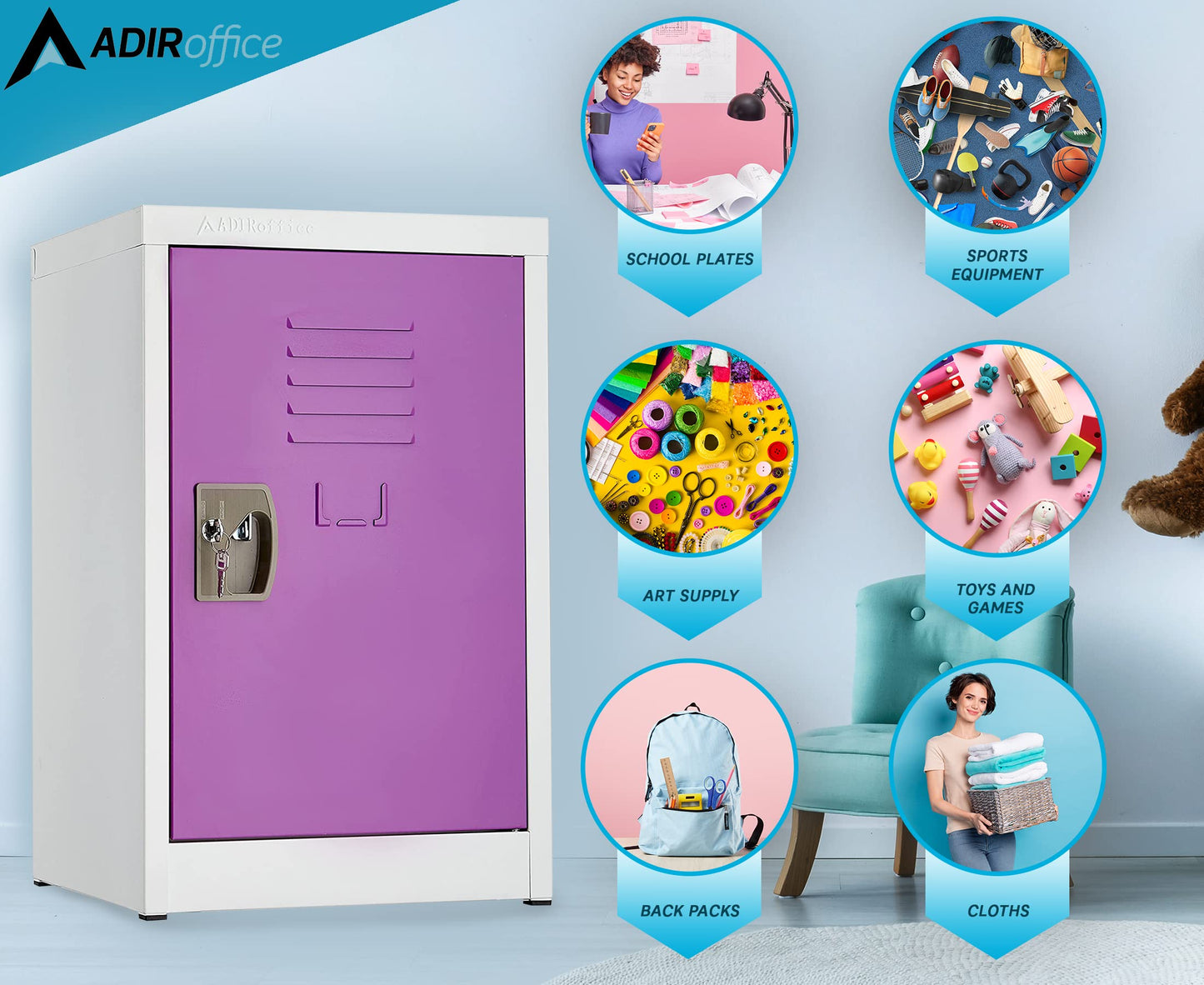 AdirOffice Kids Steel Metal Storage Locker - for Home & School - with Key & Hanging Rods (24 in 1 Door, Purple)