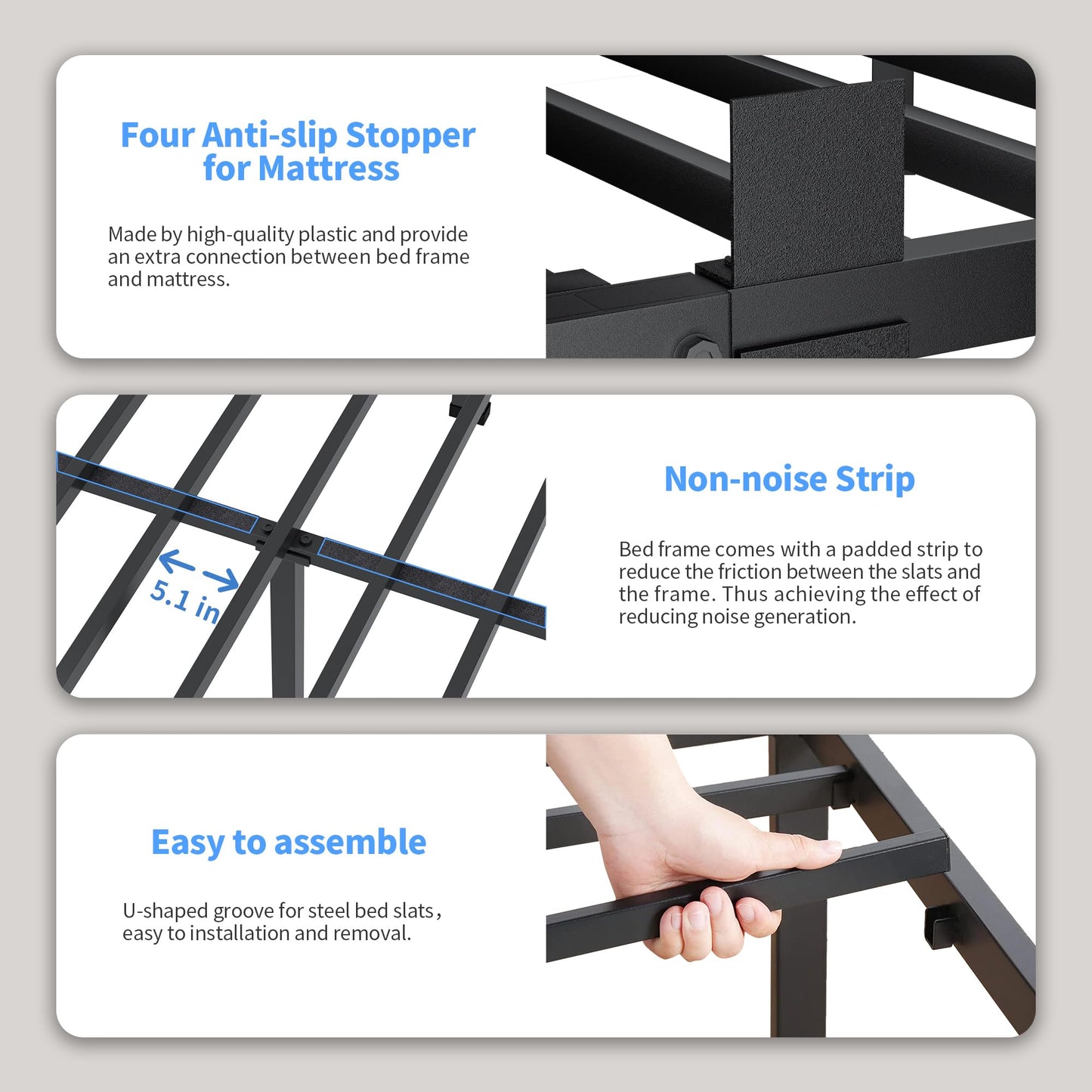 ROIL 18 Inch Full Size Bed Frame with Rounded Corner and Headboard Hole Mattress Retainers 3500LBS Metal Heavy Duty Steel Slats No Box Spring Needed Platform Noise-Free Easy Assembly