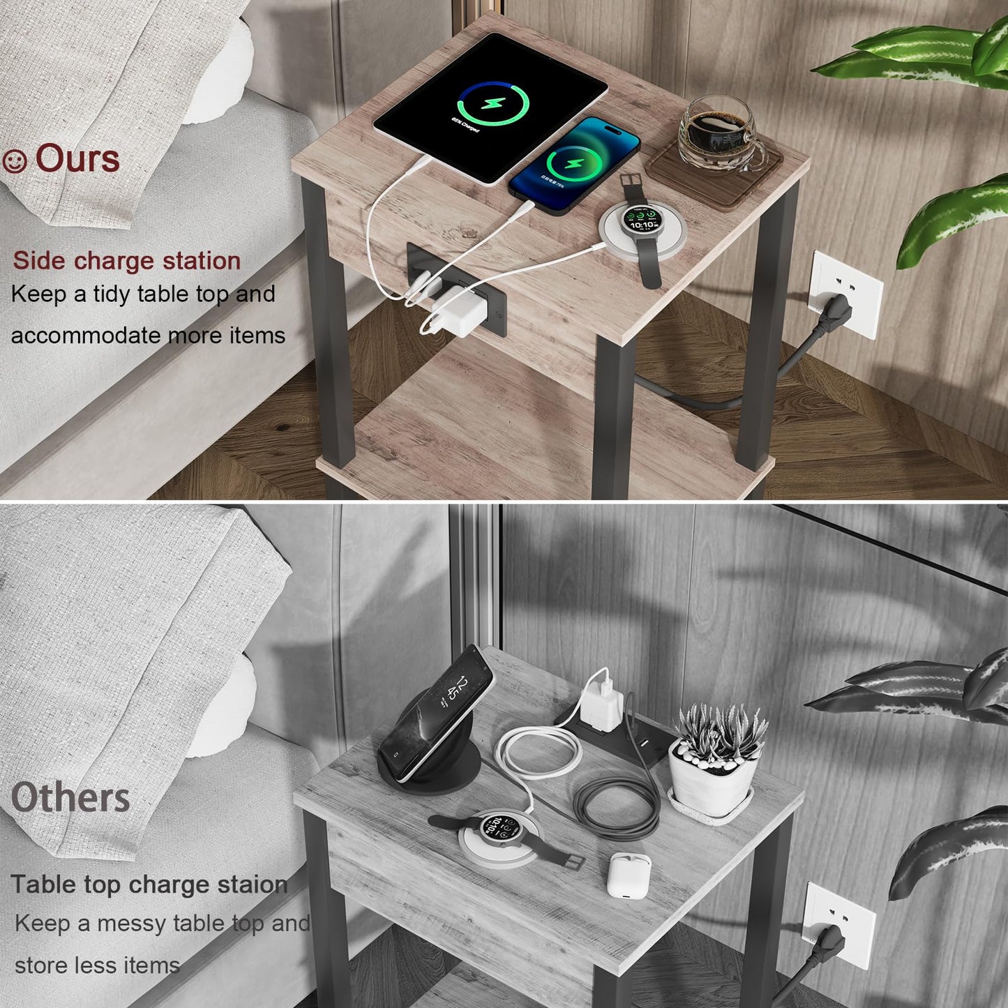 VIMBER Side Table with Charging Station, Set of 2 End Tables with USB Port and Outlets, Nightstands with 2-Tier Storage Shelves, Sofa Table for Small Space, Living Room, Bedroom, Greige