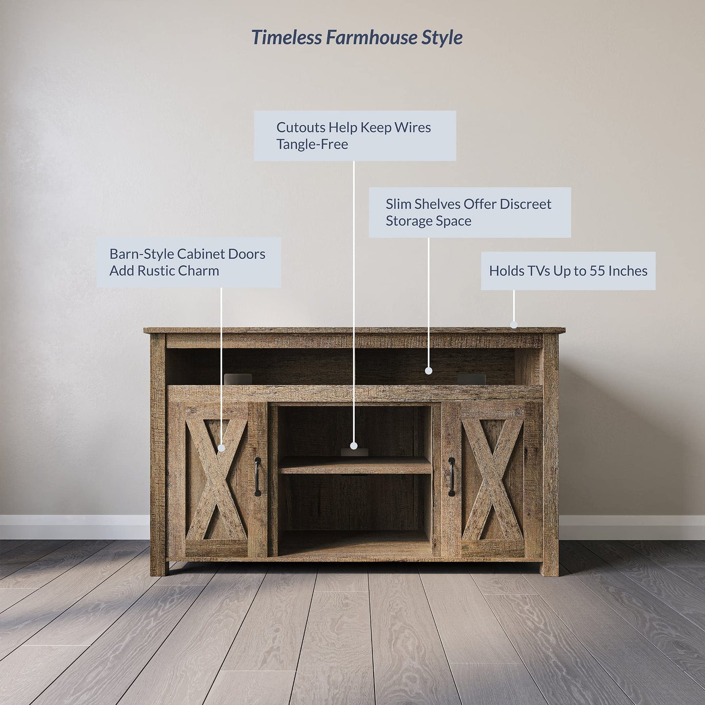 BELLEZE Modern 48 Inch Barn Door Wood TV Stand & Media Entertainment Center Console Table for TVs up to 50 Inches with Two Open Shelves and Cabinets - Corin (Classic Wood)