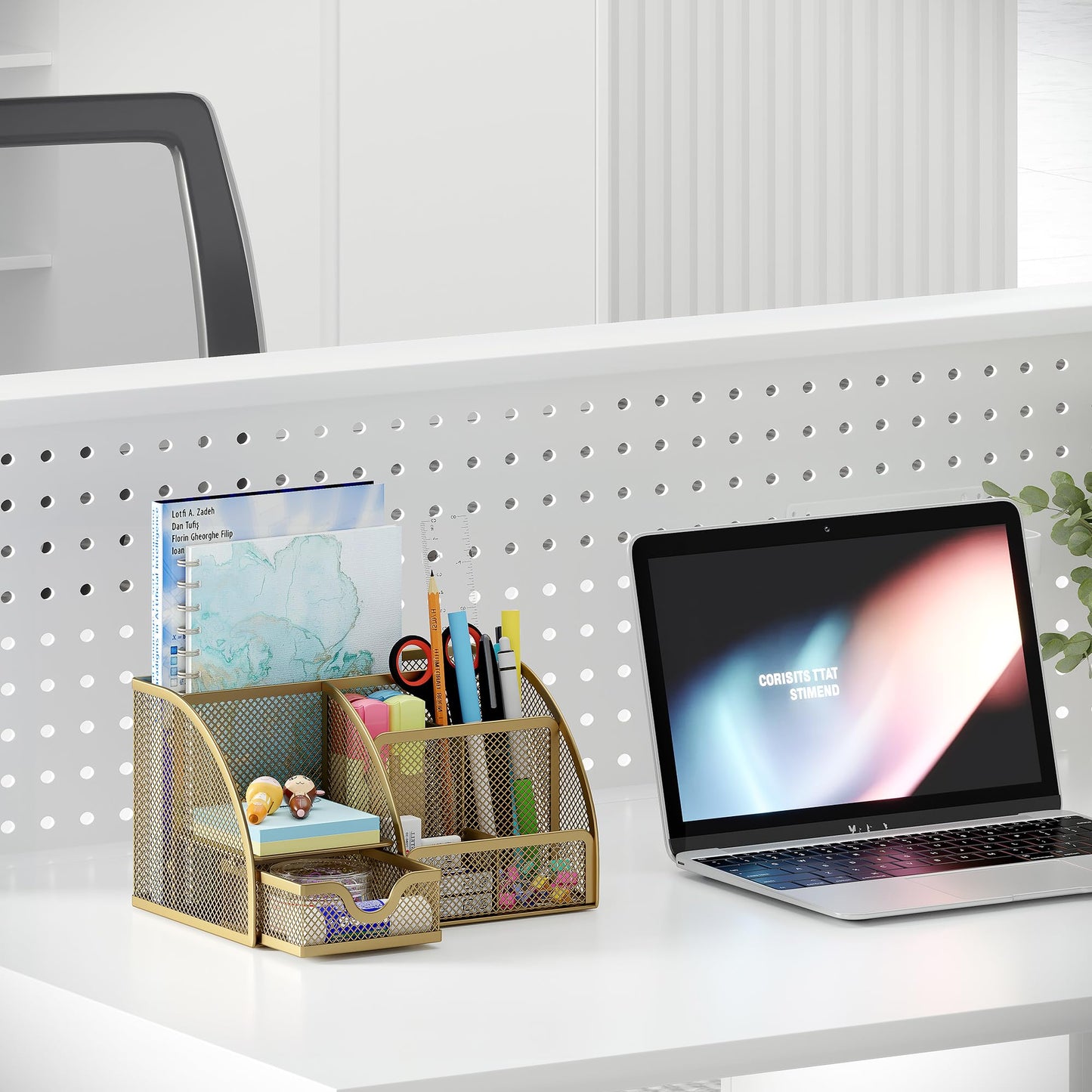 EasyPAG Mesh Desk Organizer with Drawer Multi-functional Pen Holder Stationery Organizer for Office School Supplies 6 Compartments Dorm Organizers and Storage for Desk, Gold