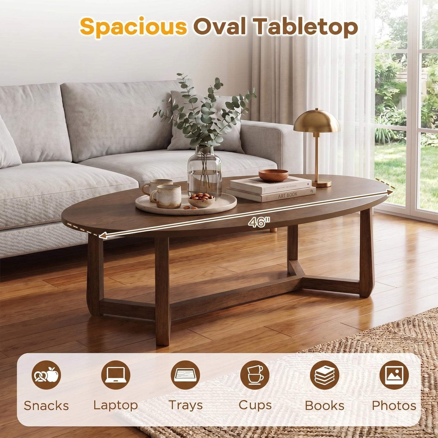 POWERSTONE Oval Coffee Table, 46'' Wooden Center Table, Low Profile Modern Living Room Table for Home, Reception, Office, Small Space, Walnut