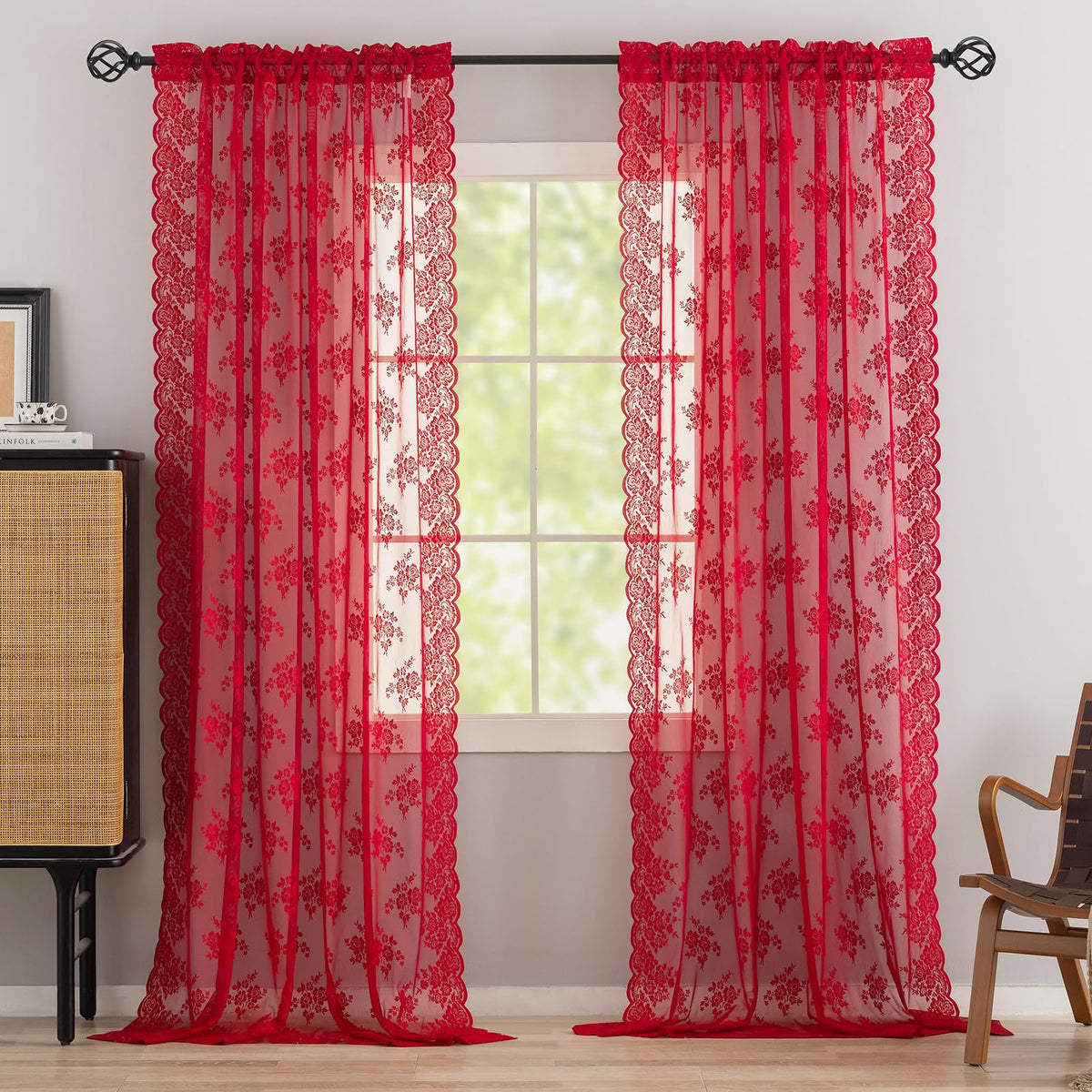 Kotile Red Sheer Lace Curtains 96 Inches Long, W52 x L96 Inch, 2 Panels Country Rustic Floral Red Lace Curtains for Living Room, Rod Pocket Privacy Light Filtering Christmas Sheer Window Curtain