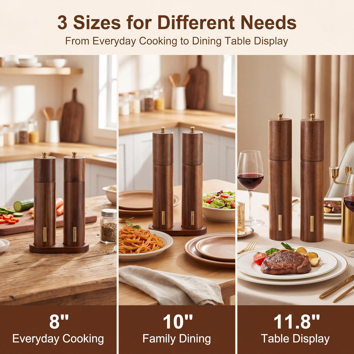 LOYIM Wooden Salt and Pepper Grinder Set 8 Inch Manual Salt and Pepper Mill with Tray Adjustable Coarseness Refillable Wood Grinders with Gold Bottle Label for Kitchen Christmas Home Gift(Wood Color)