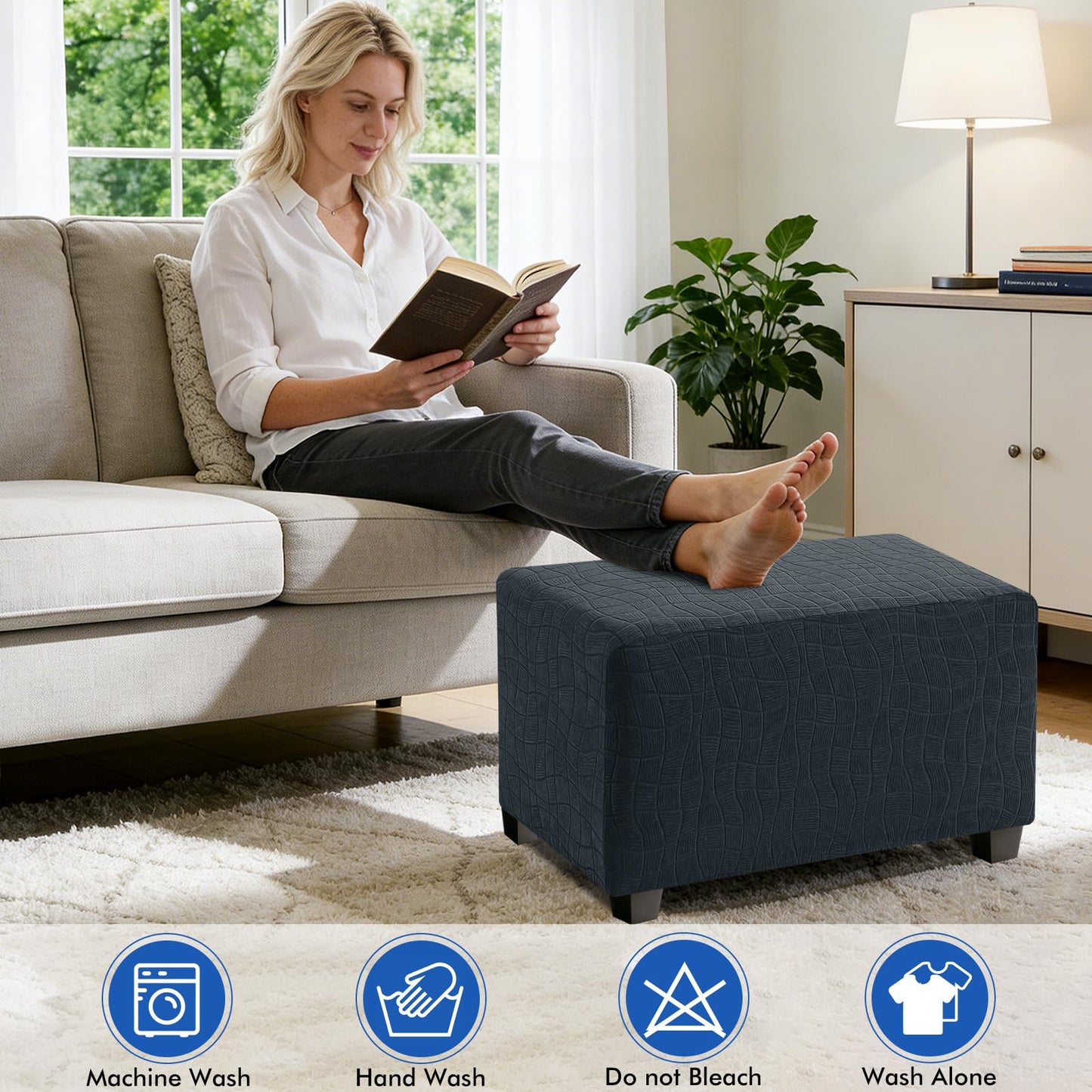 MAXIJIN Waterproof Ottoman Cover Rectangle Stretch Ottoman Slipcovers Square Thick Stool Covers Storage Footrest Furniture Protector with Non-Slip Elastic Bottom (Small, Dark Gray)