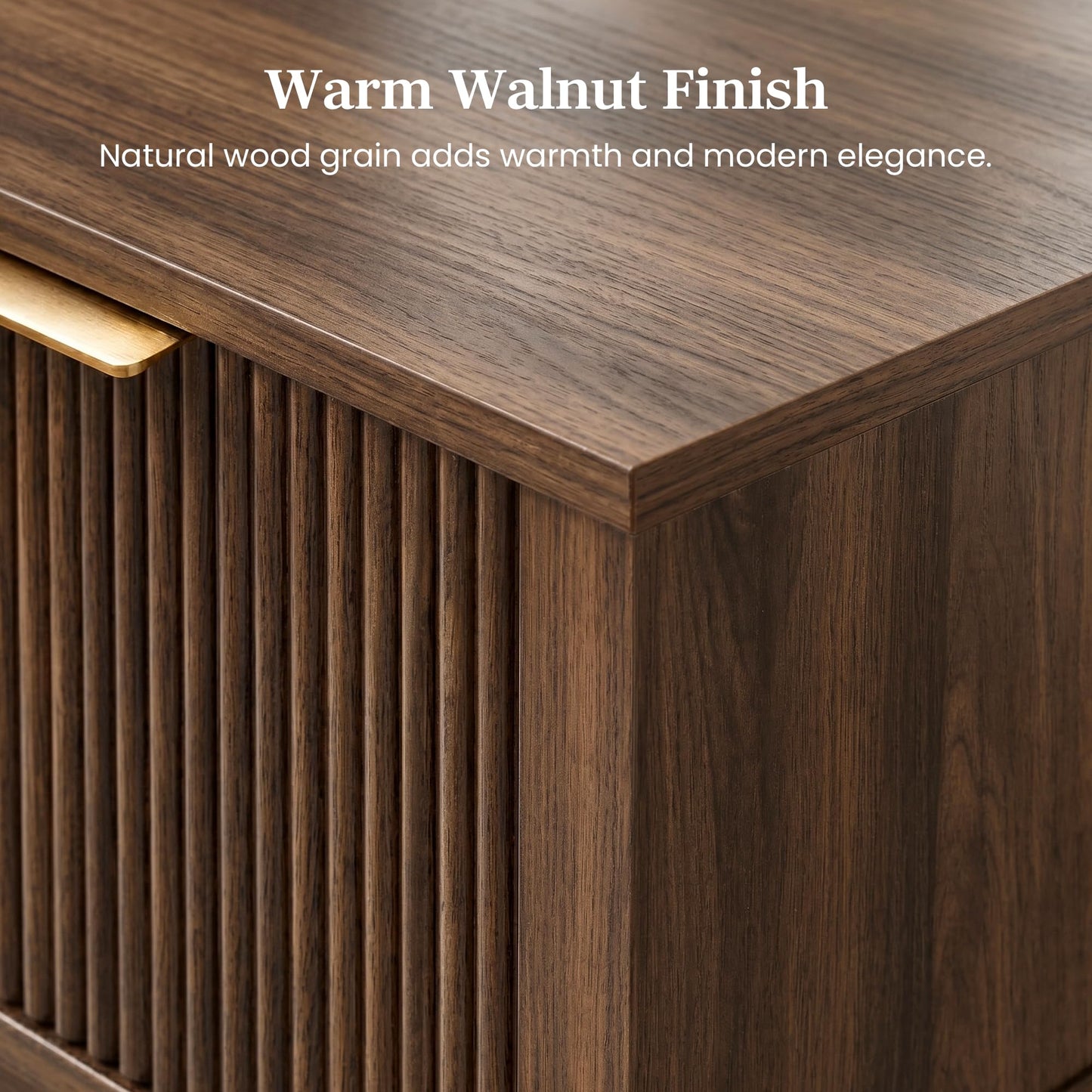 RIHHA Modern Fluted Small Wood Nightstand, 11.8" Deep x 15.4" Narrow Bedside Table with Drawer & Open Shelf, Mid-Century Rustic Accent End Table for Bedroom & Sofa - Walnut