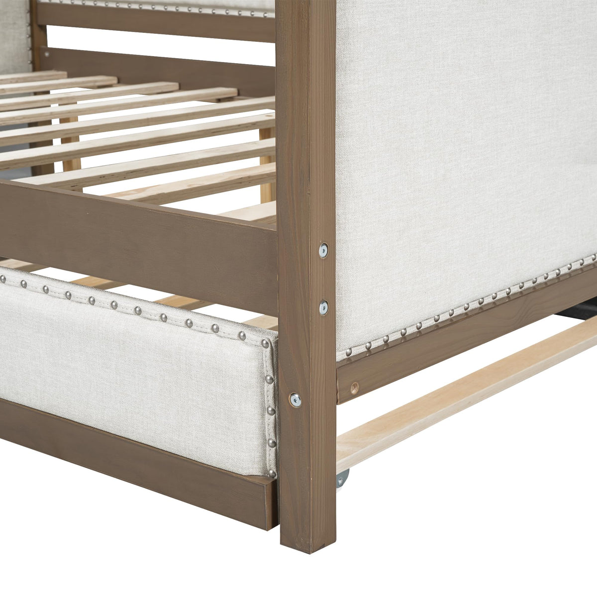 GDFStudio Full Size Upholstered Daybed with Trundle, Linen Sofa Bed with Nailhead Trim, Wood Frame Slat Support, No Box Spring Needed, Space Saving Guest Bed for Bedroom Living Room