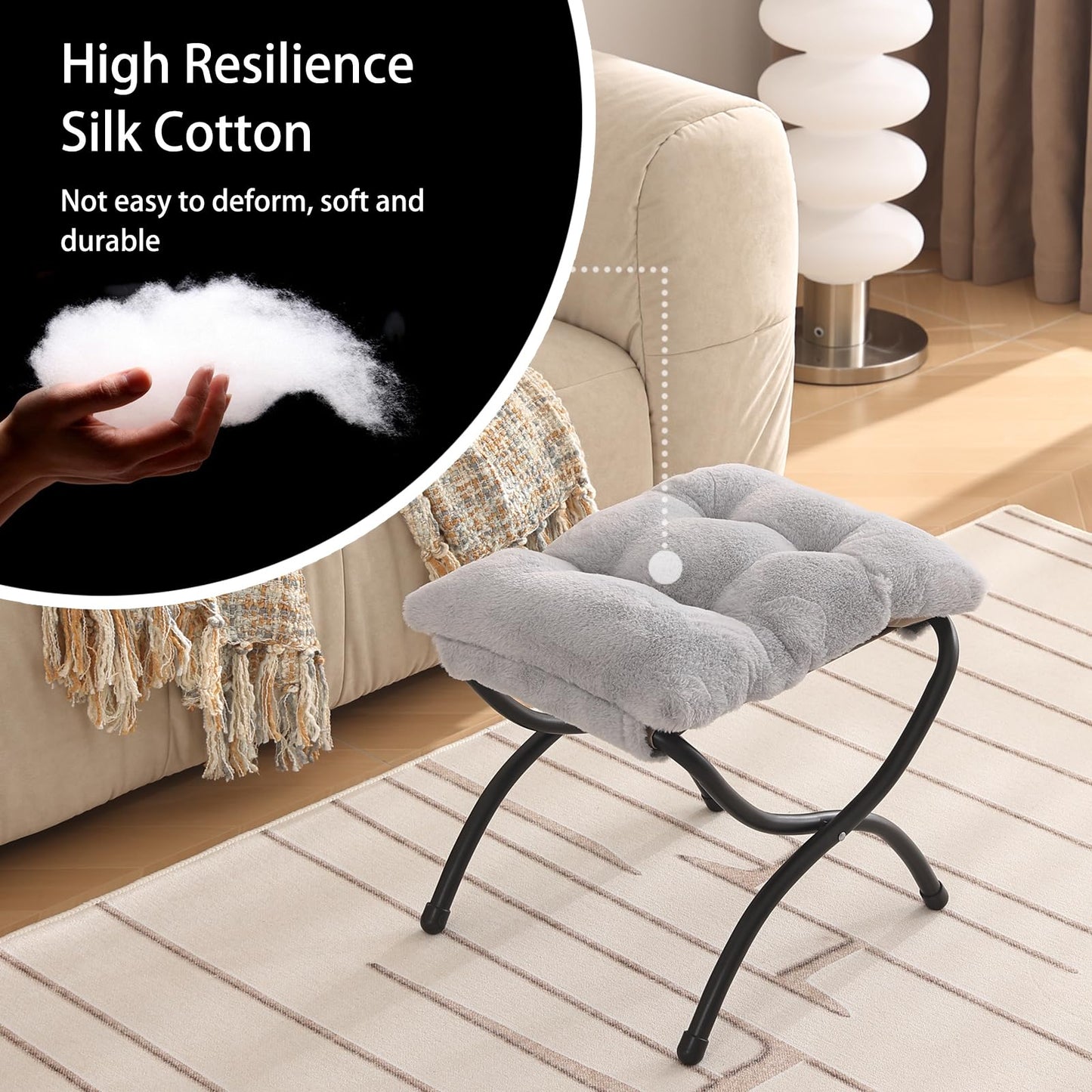 Welnow Folding Foot Stool, Upholstered Small Accent Ottoman with Detachable Thick Cotton Cushion Padded Sofa Stool and Metal Frame for Lazy Chair, Living Room, Bedroom, Plush Grey