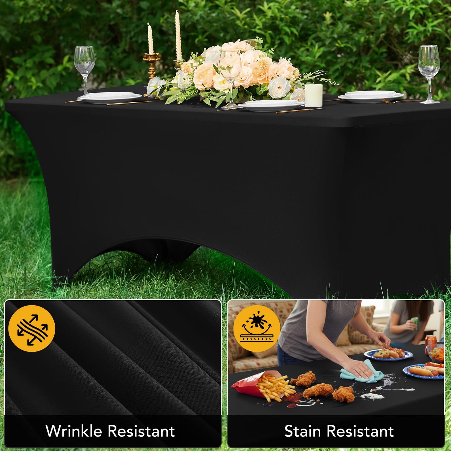 Dailyset 6-Pack Premium Black Spandex Tablecloths for 6ft Rectangle Tables, Stain & Wrinkle-Resistant, Washable Stretch Polyester Fitted Table Cover for Weddings, Banquets, Trade Shows Events