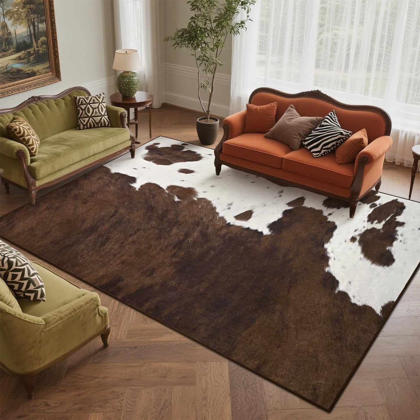 DweIke Cow Print Rug – 5x7 Faux Cowhide Carpet, Washable Soft Non-Slip Stain Resistant Animal Cow Hide Rugs for Living Room Bedroom Dining Room Office, Western Home Decor, Brown