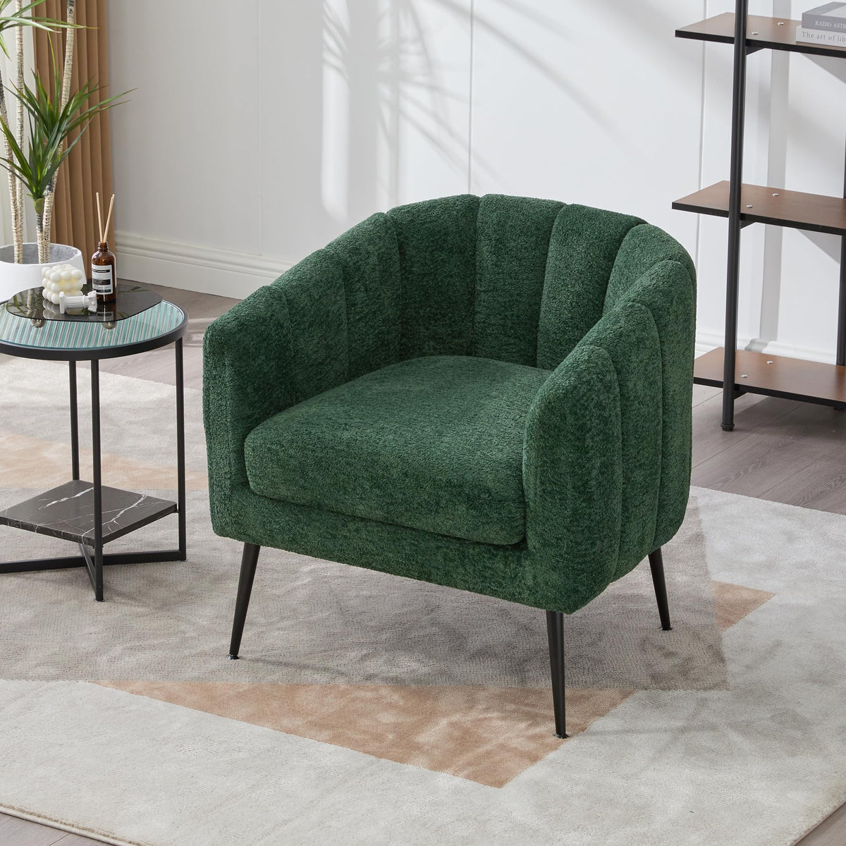 Noble House Home Furnishings Hucdt 29.9'' Boucle Barrel Club Chair, Upholstered Accent Chair, Channel Tufted Armchair, Extra Seating Lounge with Metal Legs, Single Sofa for Living Room Home, Green