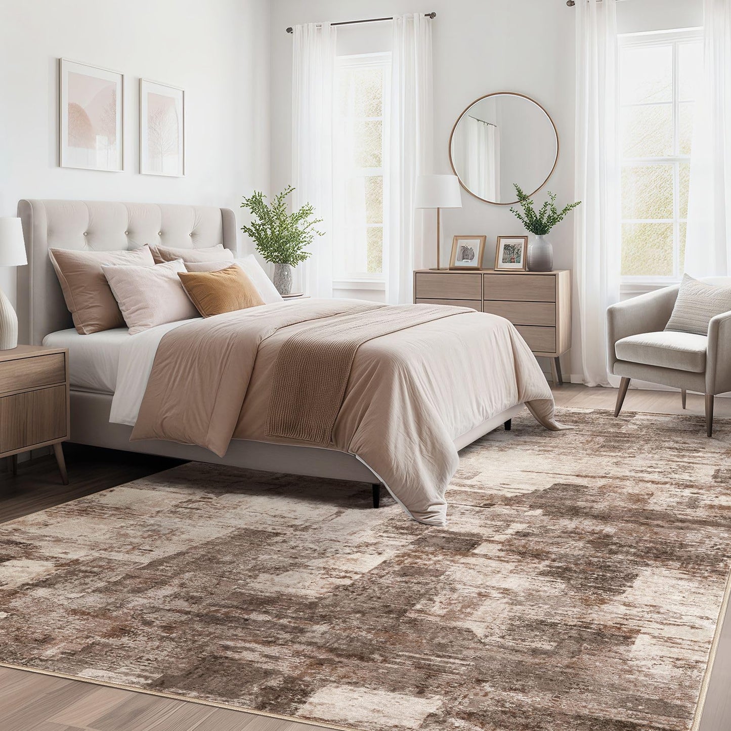 kakania 6x9 Washable Area Rug - Abstract Soft Non-Slip Modern Low-Pile Carpet for Living Room Bedroom Office Dorm, Kid Pet Safe Robot Vacuum Friendly - Brown