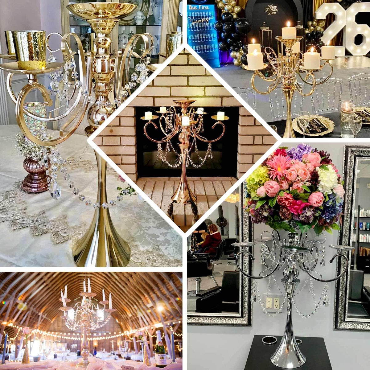 Efavormart 27" Gold Metal 5 Arm Candelabra Votive Candle Holder with Hanging Crystal Drops
