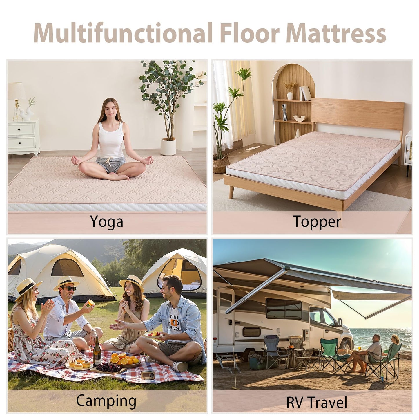 Zelladorra Japanese Floor Mattress, Quilted Futon Mattress with Anti-Slip Bottom, Foldable Floor Bed with Storage Bag and Straps, (Beige, Queen)