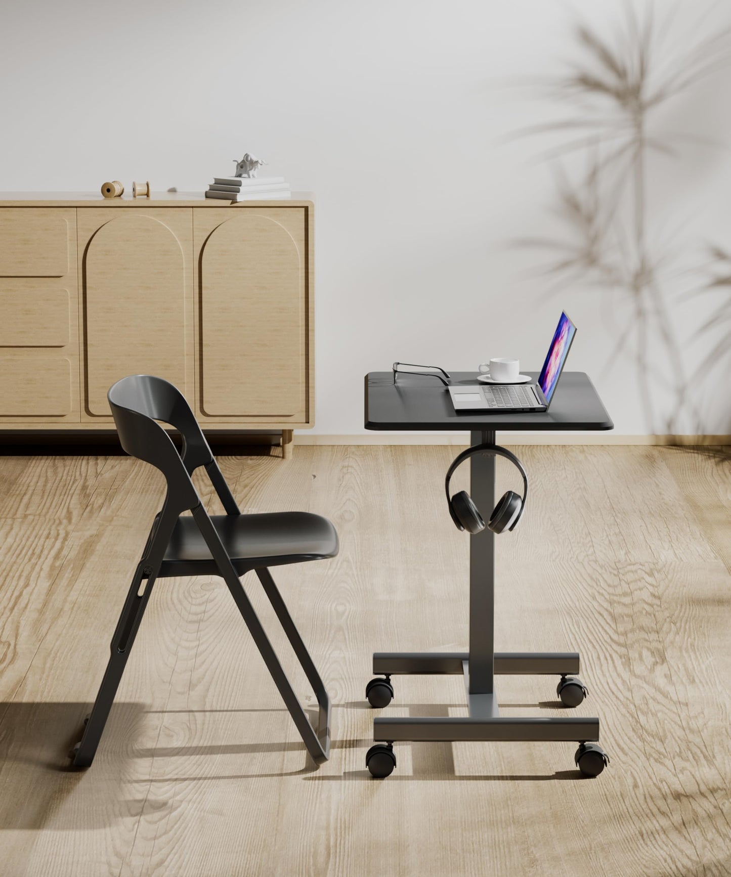 JUNHEDAMAI Mobile Standing Desk Adjustable Height, Portable Rolling Laptop Desk with Lockable Wheels and Hook, Sit Stand Up Desk, Standing Rolling Cart Desk with Gas Spring for Home, Office, Hospital