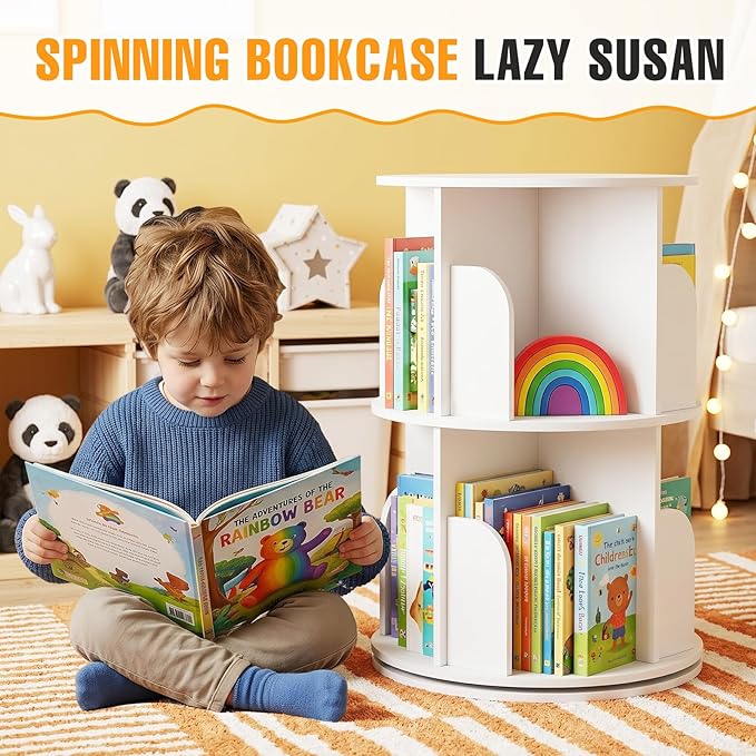 RUNSUNSPRI 2 Tier Rotating Bookshelf Tower Spinning Bookshelf Revolving