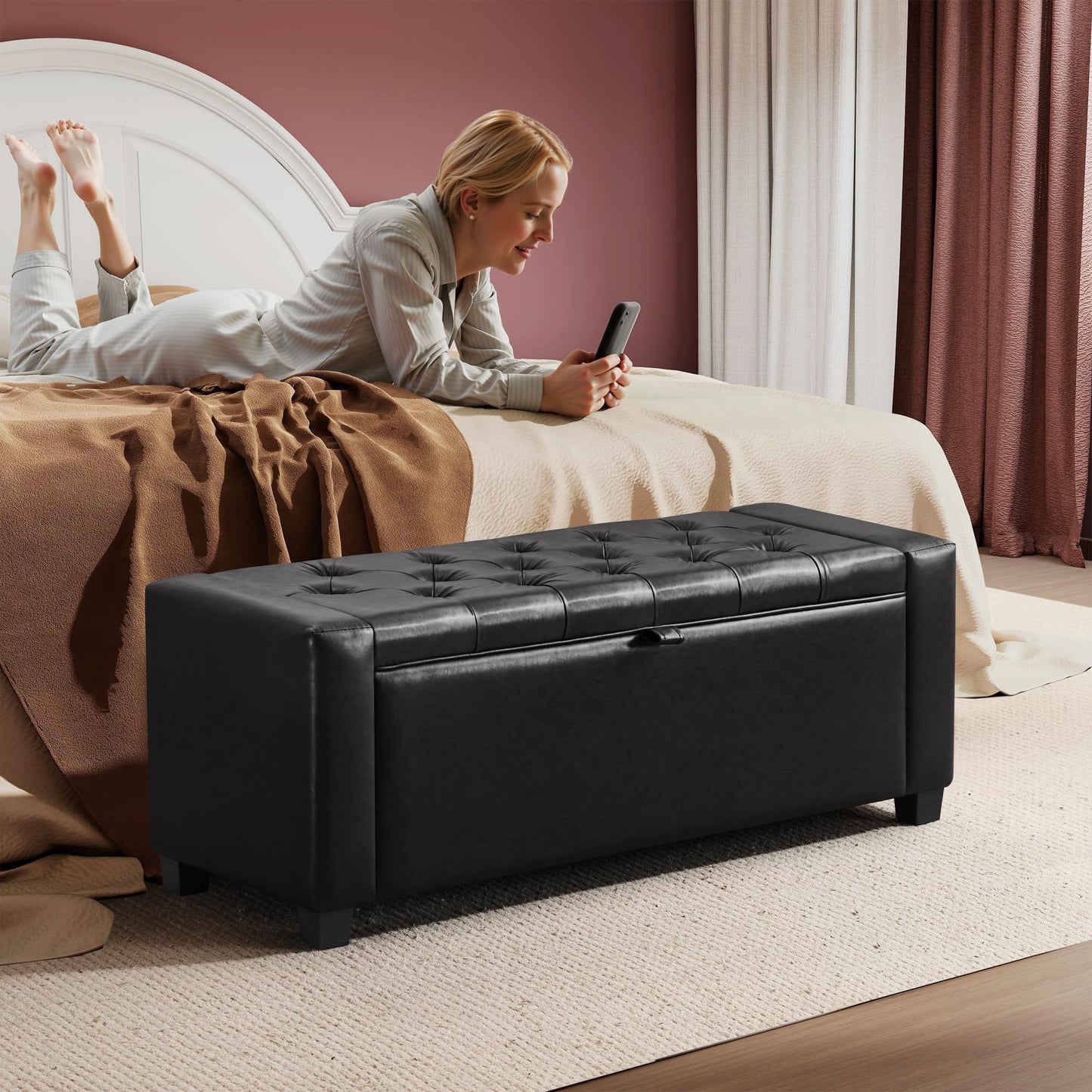 GRAINELL 42.13” Storage Ottoman Bench, Upholstered Tufted Bedroom Bench with Storage, End of Bed Storage Bench for Living Room & Entryway, 350 lb Capacity, Leather Black