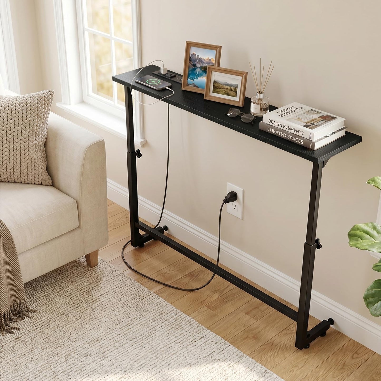 Faesun 33.5 Inch Behind Couch Table, 24"-32" Adjustable Height Range, Behind The Couch Table with Outlet, Adjustable Console Table, Narrow Long Sofa Table, for Living Room, Small Black