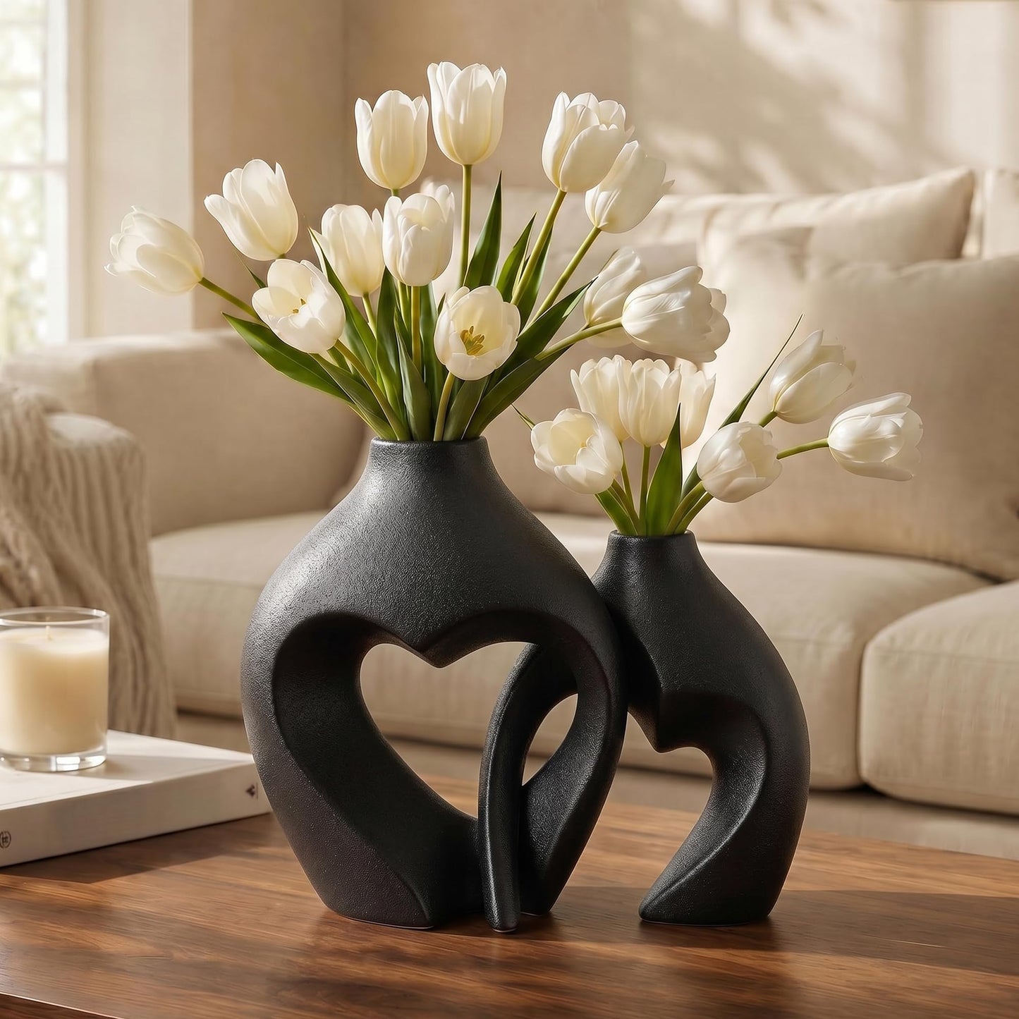 Black Ceramic Flower Vases Home Decor Heart Shaped Vase Set of 2