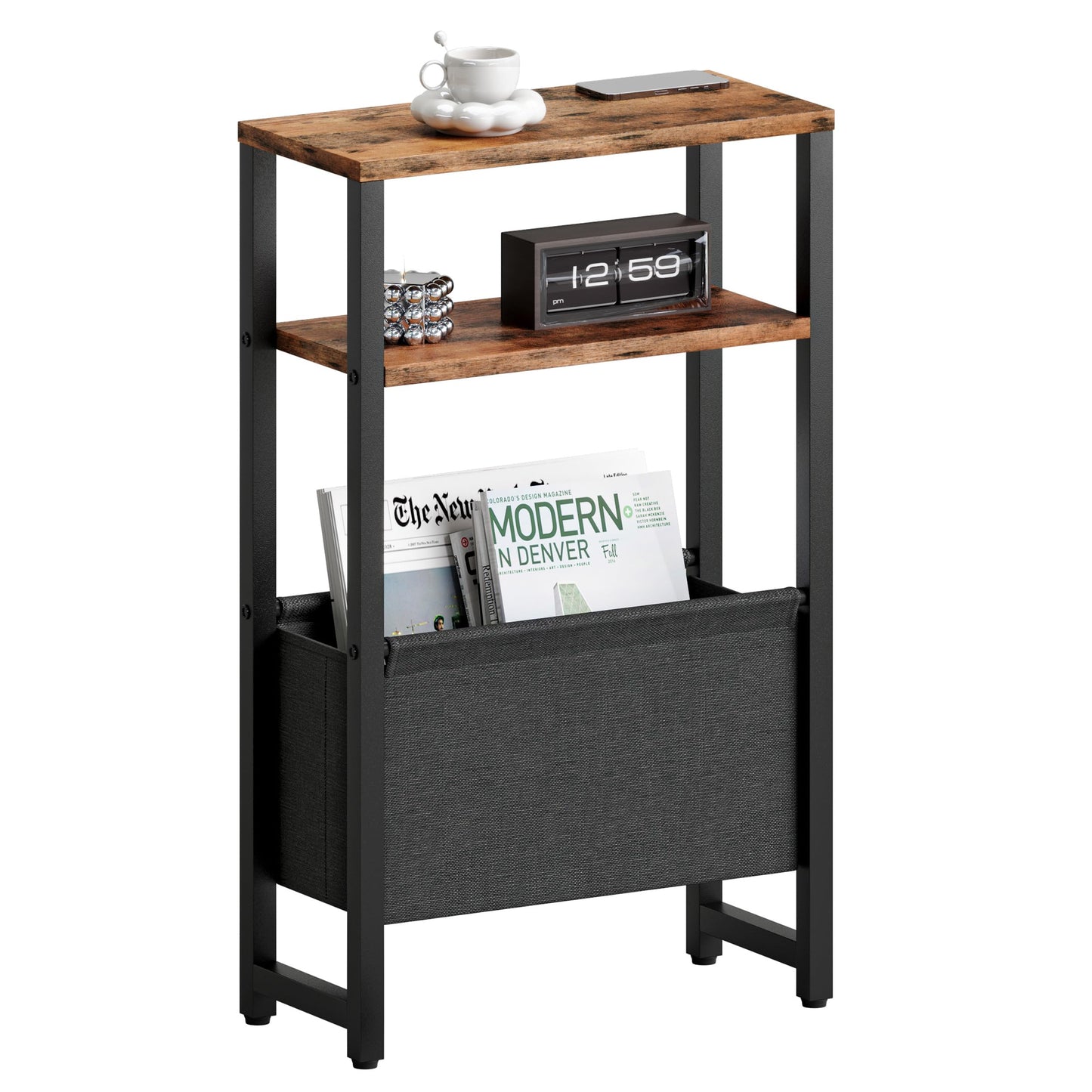 IRCPEN Narrow Side Table, Slim End Table with Magazine Rack, Skinny Bedside Table for Small Spaces, 3 Tier Sofa Couch Table Nightstand for Living Room, Bedroom, Rustic Brown LET503R