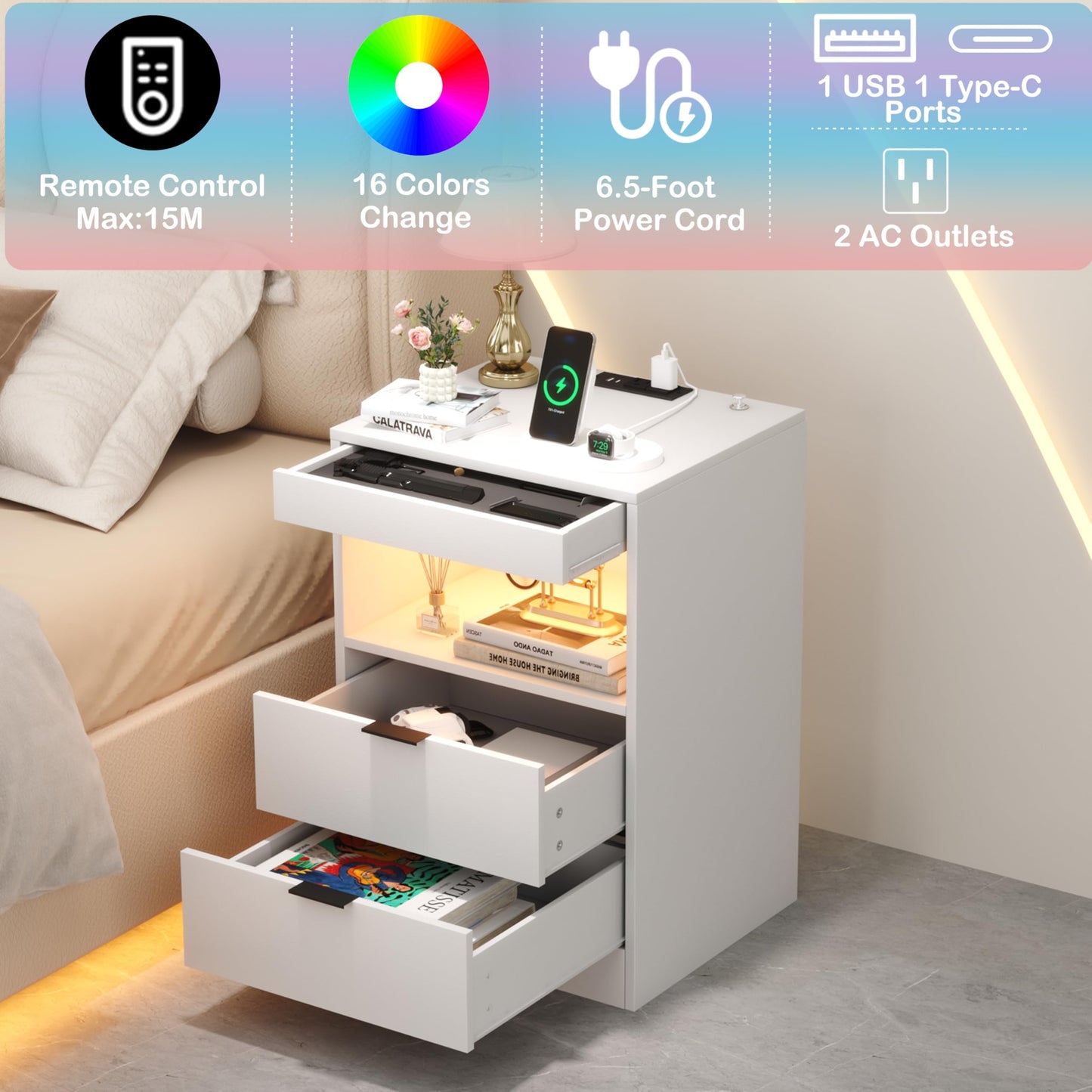 Yusong Night Stand with Gun Drawer & Invisible Lock, Bedside Table, LED Nightstand with Charging Station, Modern Night Stand, Wood Sofa Couch End Side Table with 2 Pull-Out Shelf (White 002)