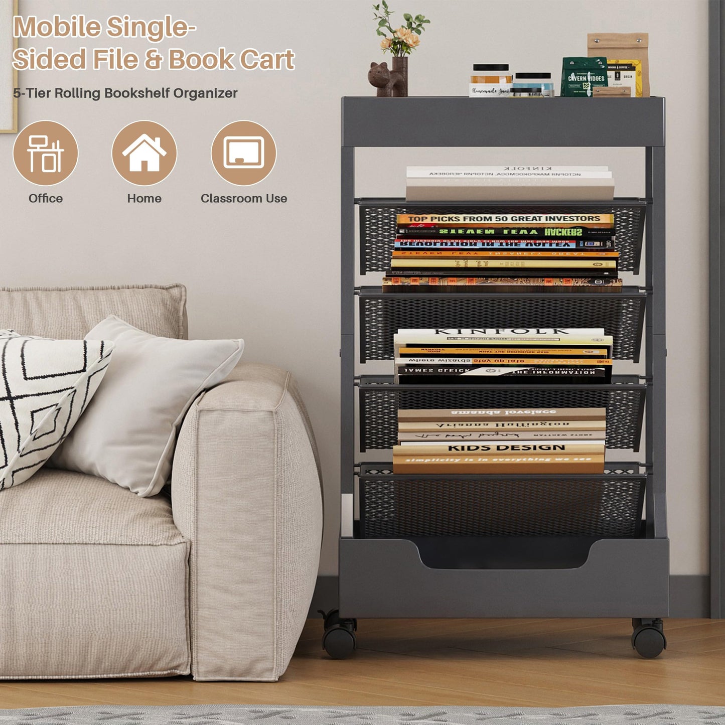 UMDONX Modern Mobile Book Cart Single-Sided Rolling Bookshelf with Metal Top & Base, Premium Snap-in Shelves, Heavy Duty & Elegant Storage for Home Study, Office, Classroom Gunmetal Gray