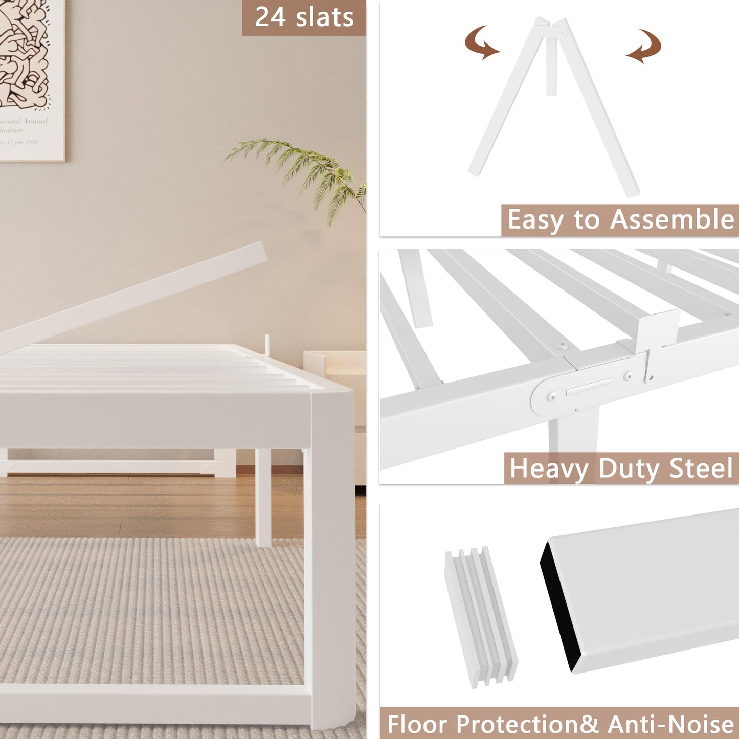 ZTH Full Size Metal Platform Bed Frame 16 in, No Box Spring Needed, White