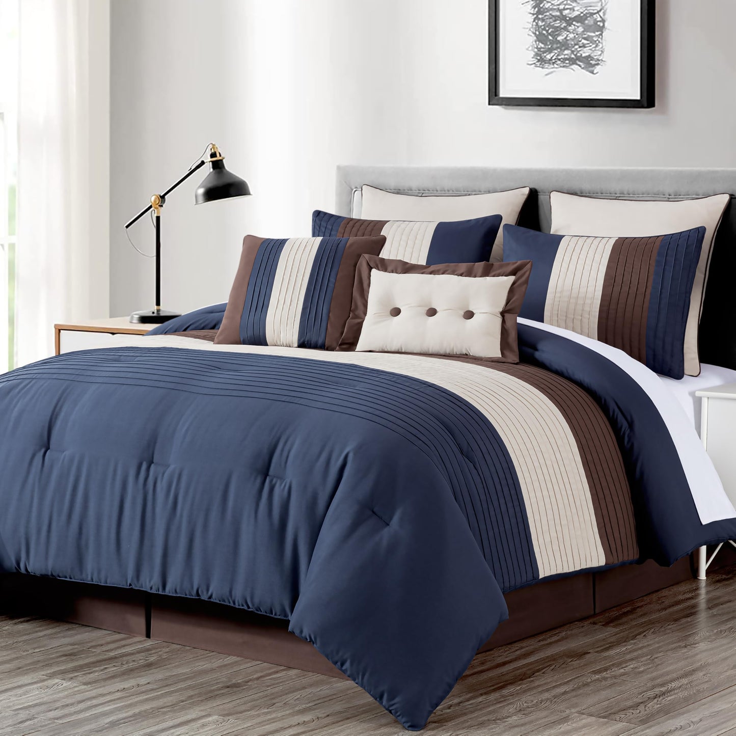 Chezmoi Collection Loft 8-Piece Oversized King Comforter Set, Midnight Blue/Brown/Coffee Cream Luxury Striped Bedding for All Season
