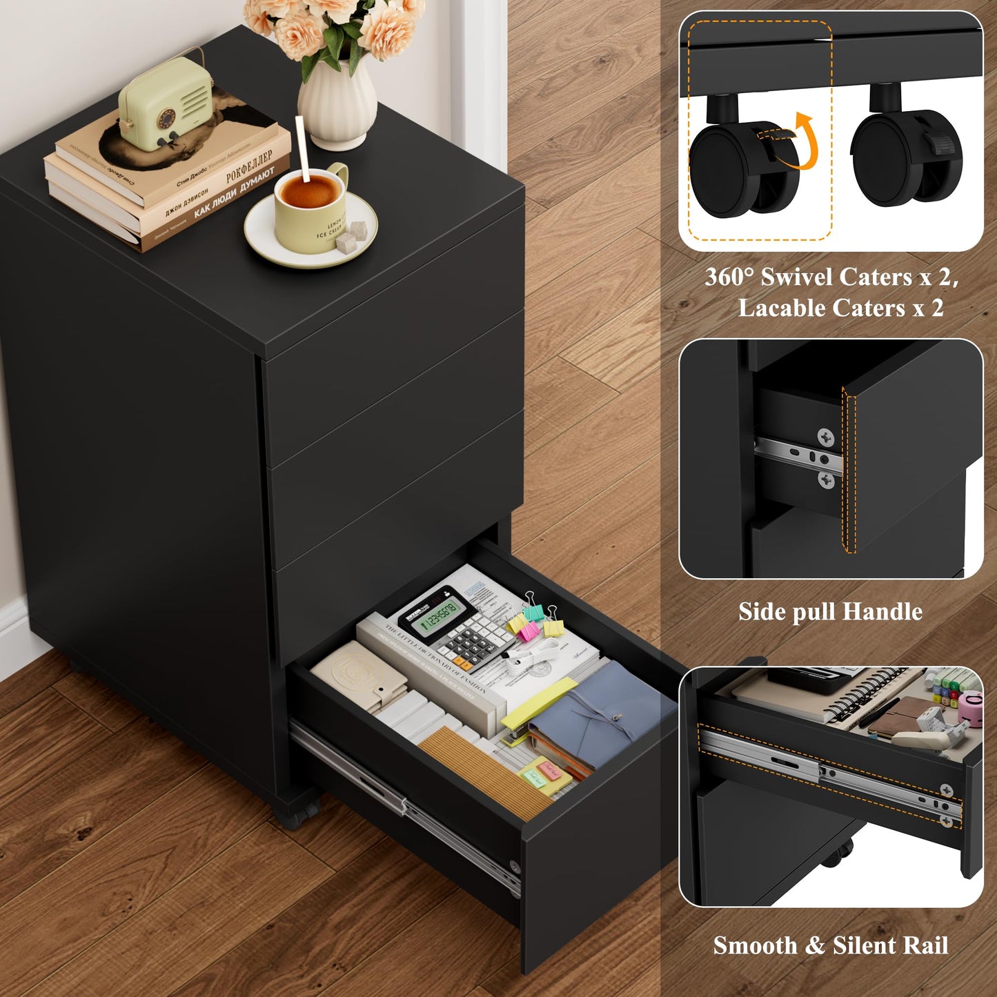 BOTLOG 4-Drawers Chest, Mobile Under Desk Drawer with Locking Casters, Wooden Printer Stand with Wheels, Rolling Craft Storage Cabinet for Home Office, Black