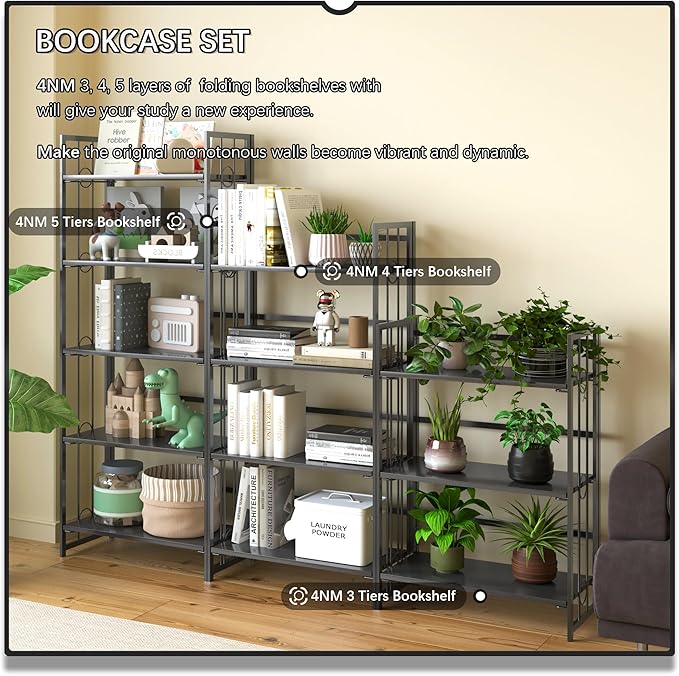 4NM No Assembly 4 Tiers Folding Bookshelf, 47.2" H Foldable Storage Shelves
