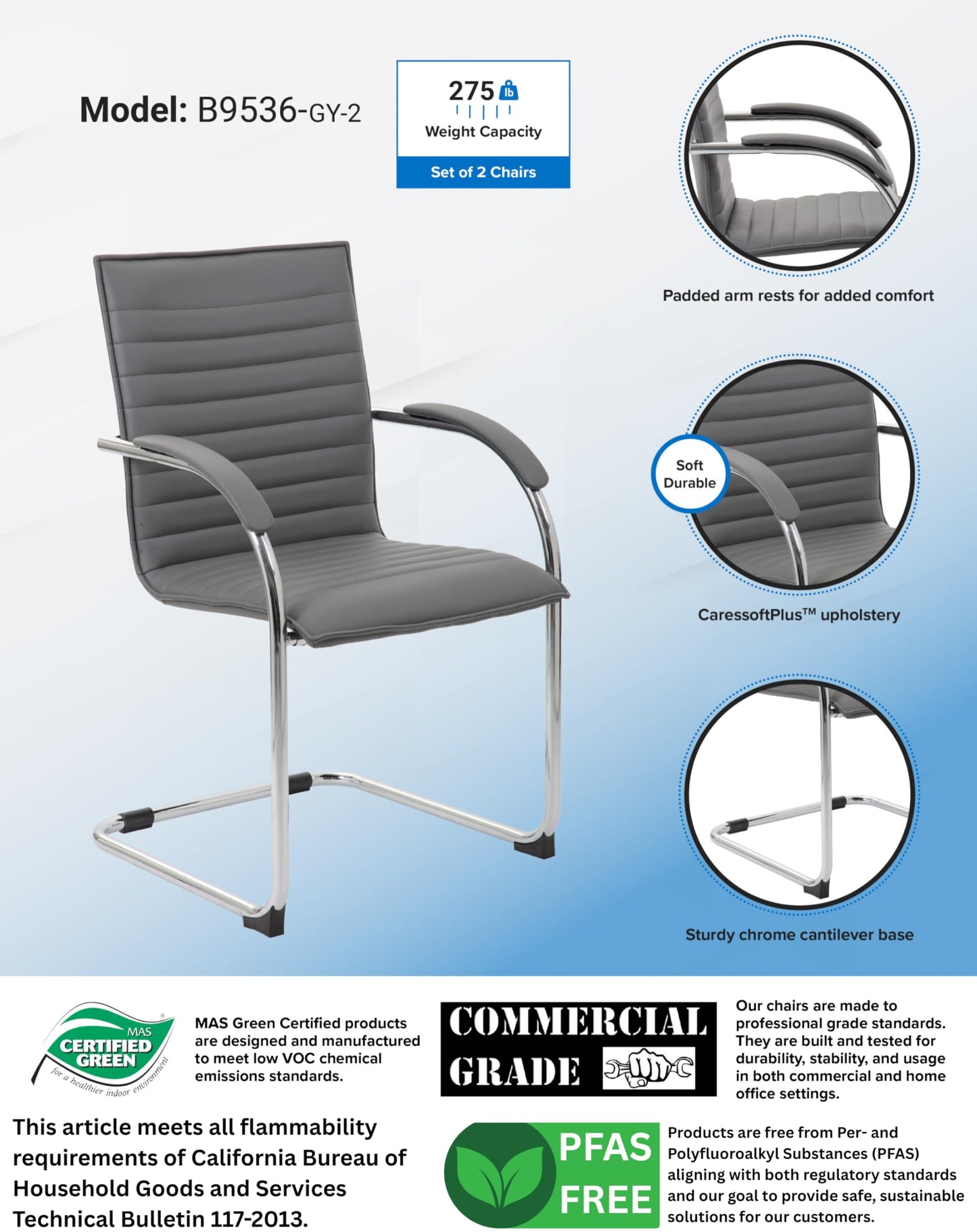 Boss Office Products Boss Chrome Frame Caressoftplus Vinyl Side Chair, (Set of 2), Gray