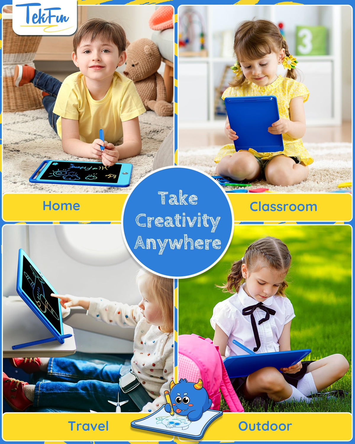 TEKFUN 2 Pack LCD Writing Tablet for Kids, 10 Inch Blue+Blue Doodle Board Drawing Board Reusable Drawing Tablet with Lanyard, Educational Kids Toys Birthday Gift for Boys Girls 3-12 Years Old