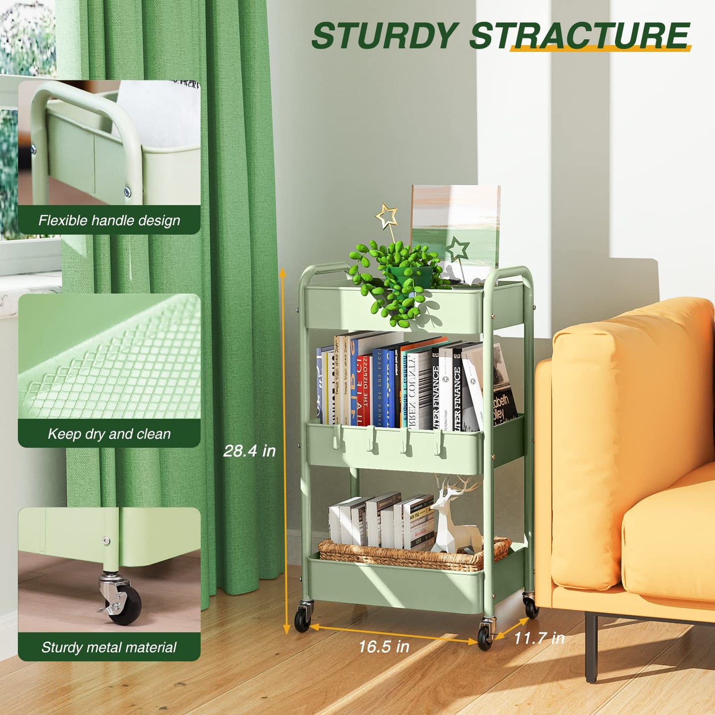 LEHOM 3 Tier Rolling Cart, Metal Rolling Utility Cart with Lockable Wheels & Hooks, Multi-Functional Heavy Duty Storage Cart Organizer for Bathroom, Kitchen, Office, Living Room