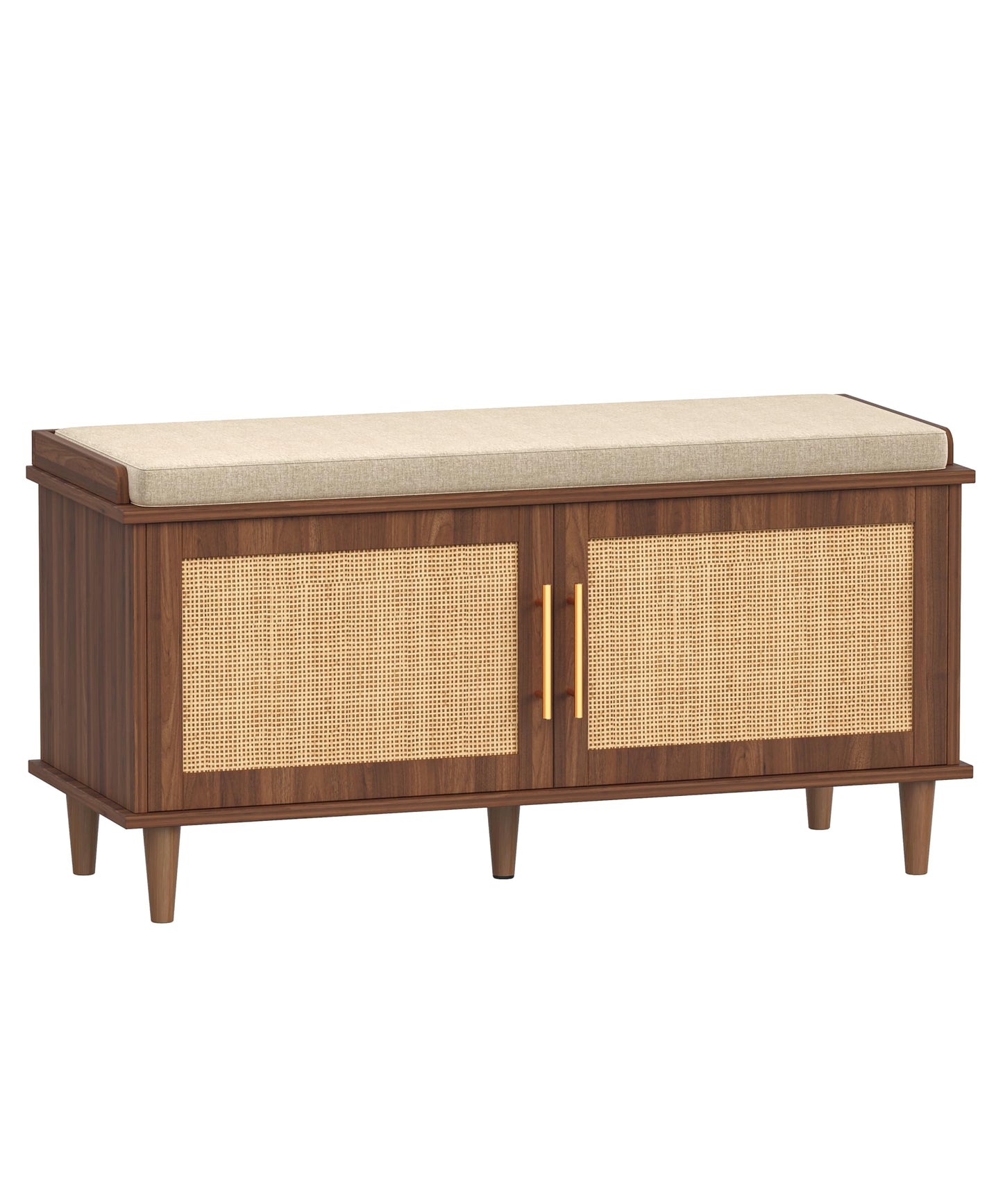 Akxomel Rattan Shoe Storage Bench with Cushion, 2-Tier Entryway Bench with Adjustable Shelves and 2 Doors, 15" D x 39.4" W x 20" H, Solid Wood Legs, for Hallway, Living Room, Bedroom, Walnut