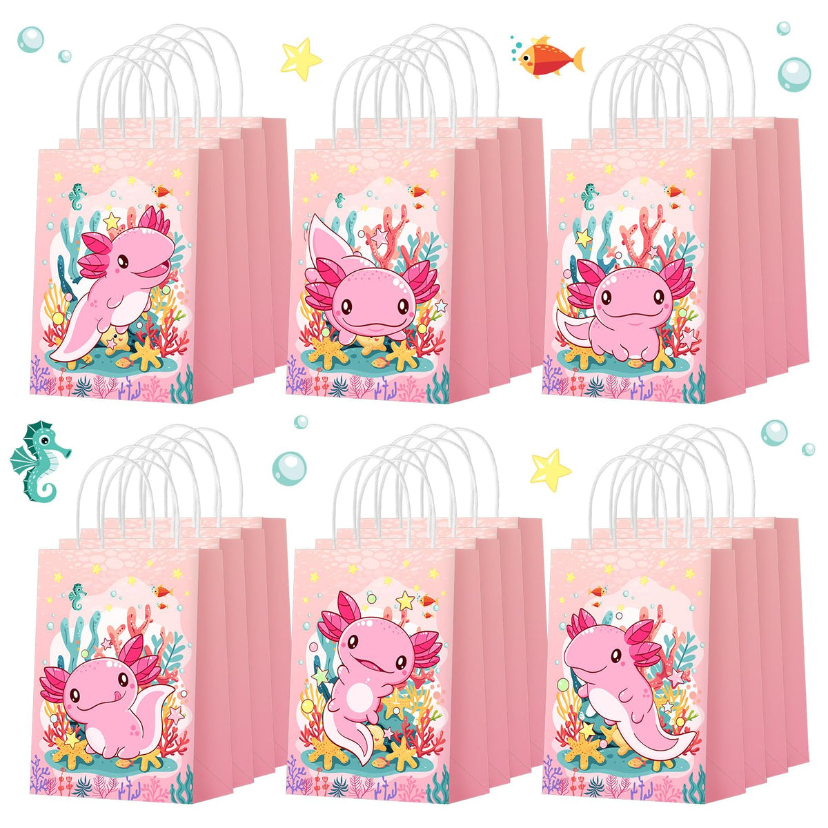 Kolldenn 24 Pcs Axolotl Party Favors Bags Amphibian Themed Gift Paper Goodie Bags Cute Animals Candy Treat Pouch‌ with Handles for Axolotl Themed Birthday Party Decorations Supplies