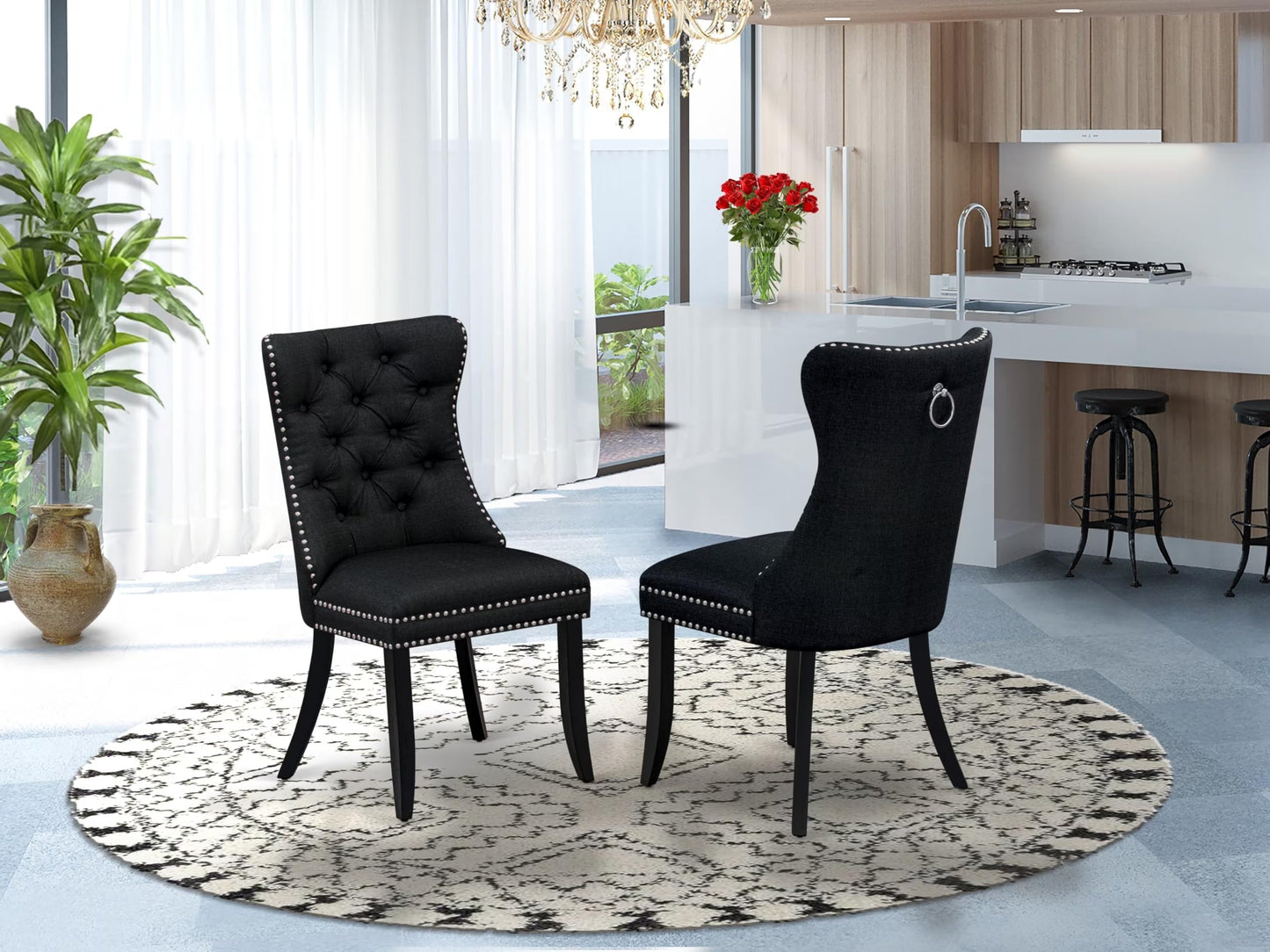 East West Furniture DAP6L24 Dallas Parson Kitchen Chairs - Button Tufted Nailhead Black Linen Fabric Upholstered Dining Chairs, Set of 2, Wirebrushed Black