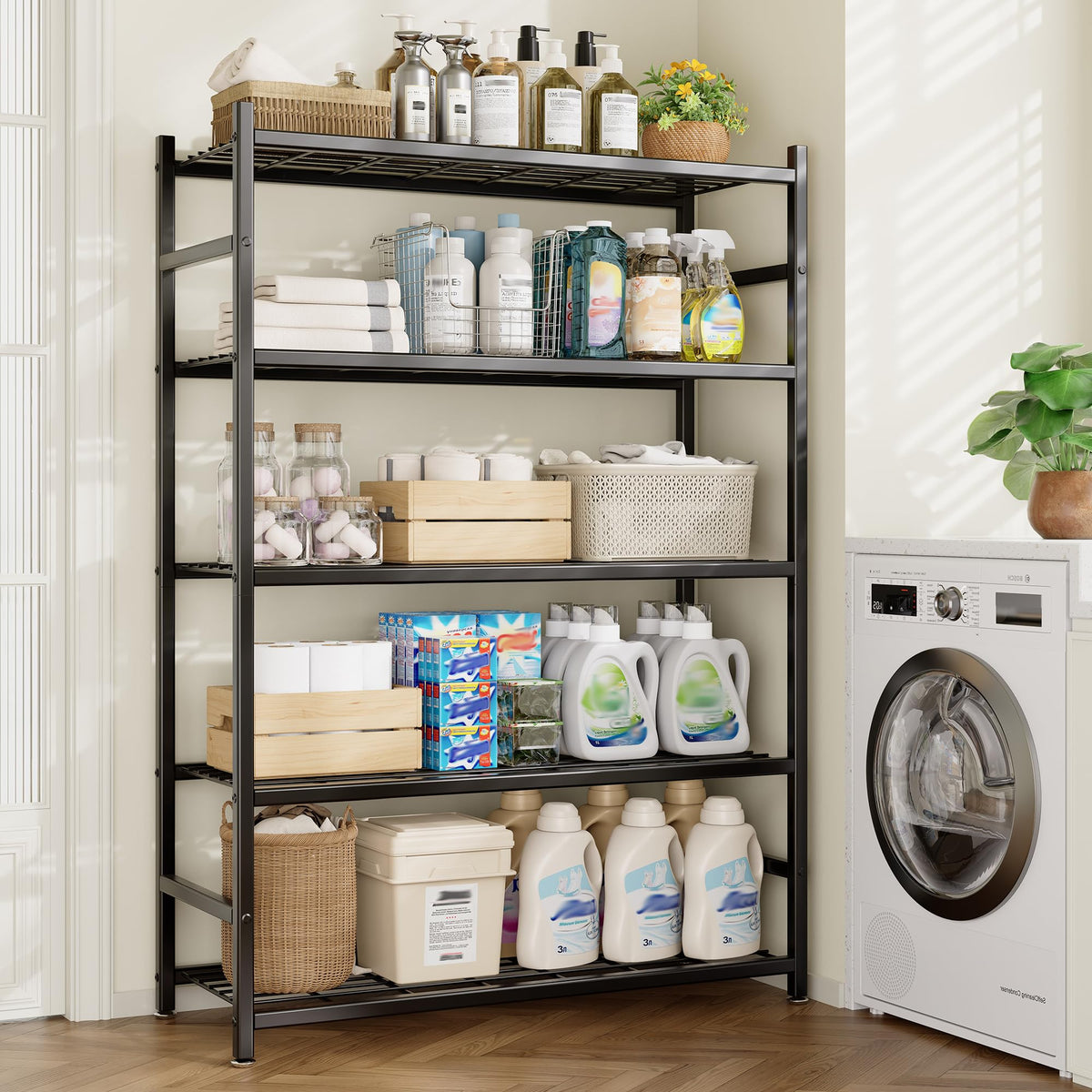 Tujurich Storage Shelves, 5-Tier Metal Shelving Unit with Adjustable Feet, Shelf Organizer for Garage, Kitchen, Pantry and Closet Organization, 36.4" x 11.8" x 68.3", Black