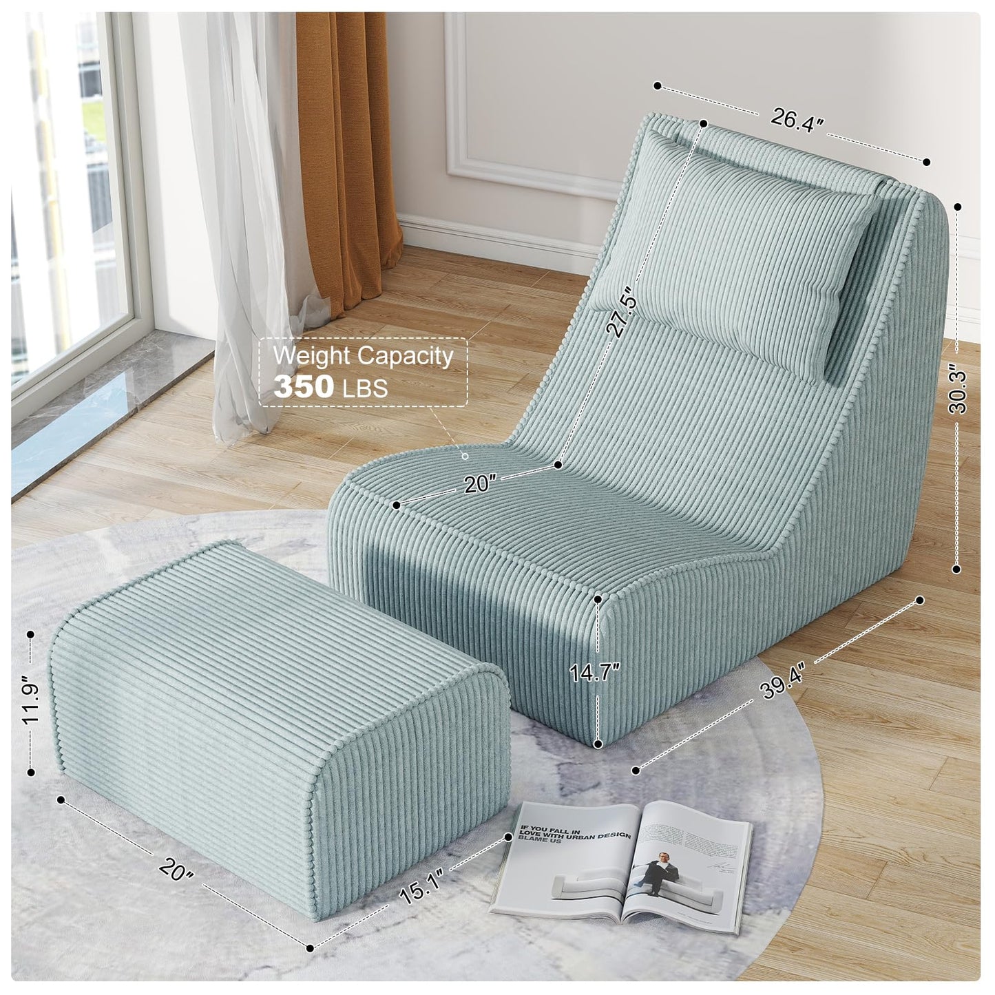 Giant Bean Bag Chair for Adults,Corduroy Chaise Lounge with Unrivaled Back Support, Detachable Neck Pillow, Comfortable Ottoman & Washable Cover for Living Room, Bedroom, Garden(Mint Green)