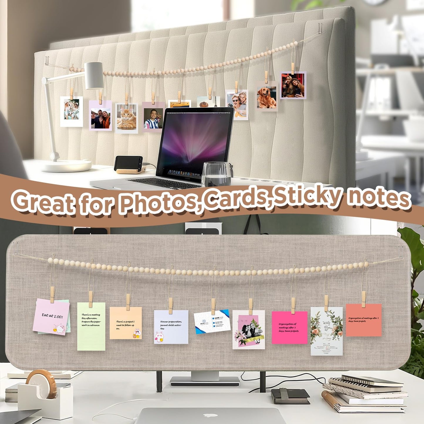 Office Cubicle Hanging Photo Display with Clips, 9 Wood Clips,2 Cubicle Clips for Fabric Wall, Photo Hanger for Boho Office Cubicle Decor, Boho Desk Decor
