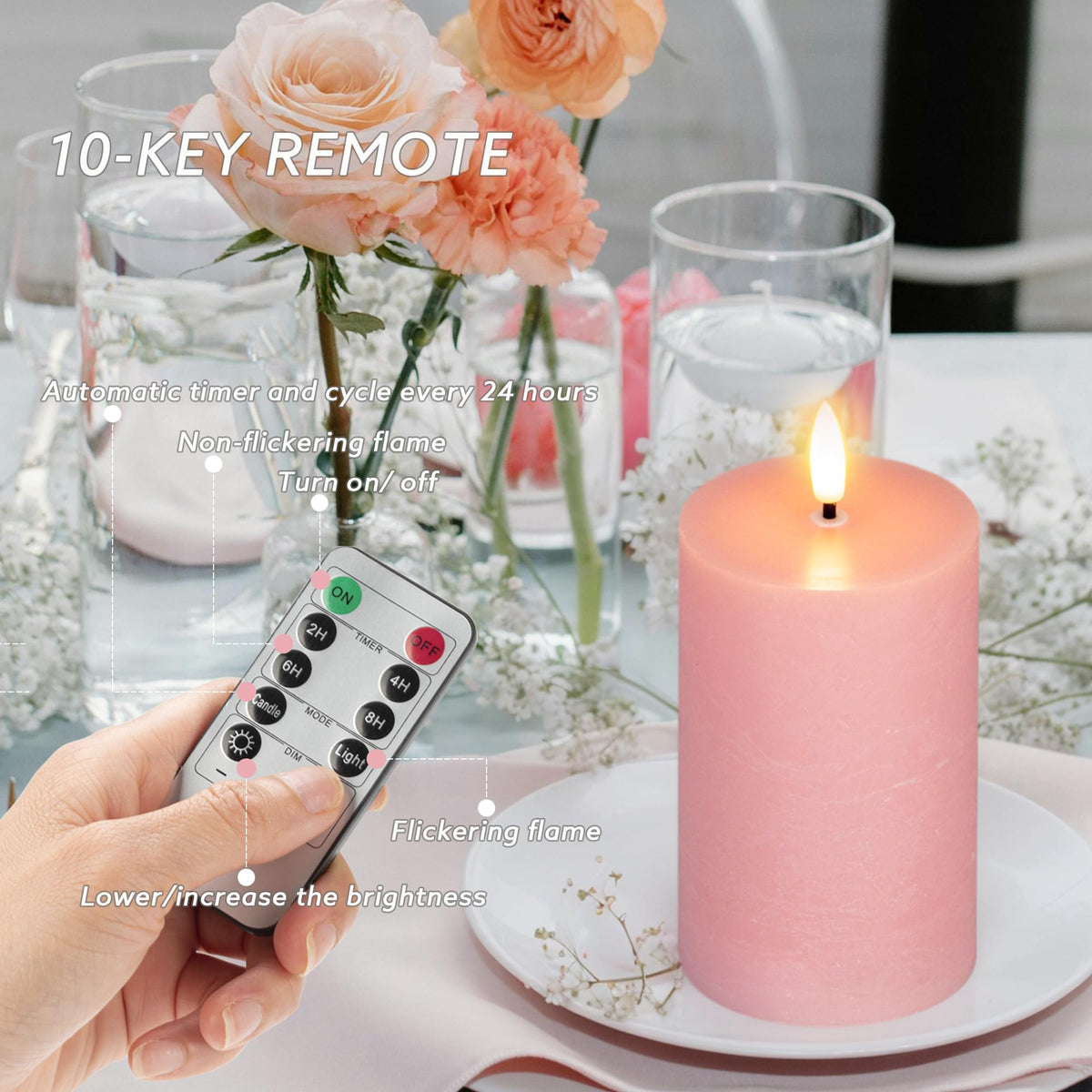 AFINETH Pink Flameless Pillar Candles, Real Wax Battery Operated Candles with Remote, Flat Top Flickering Flameless Candles, LED Candles for Home Party Wedding Romantic Night Decor, Set of 3