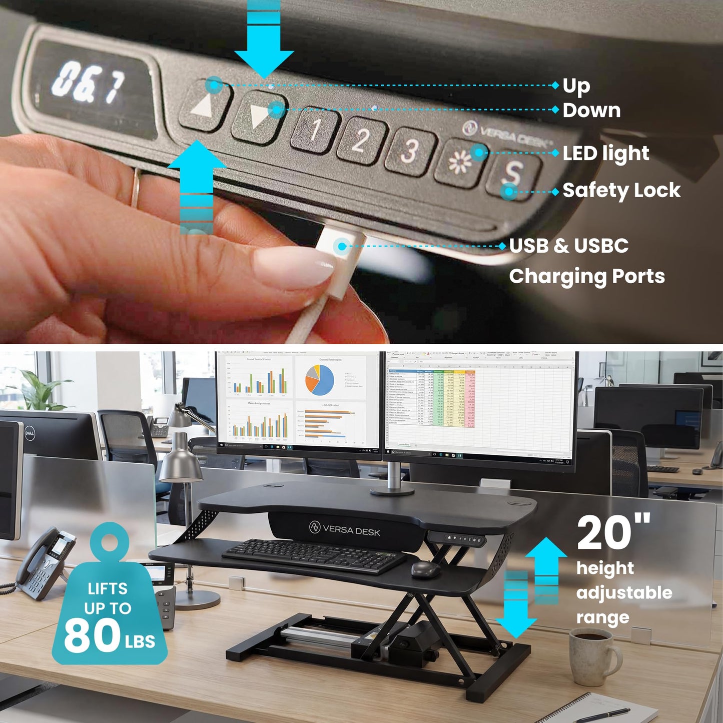 VERSADESK PowerPro Elite 36” - Electric Adjustable Desk Converter with Programmable Controller and USB Hub. Mobile App Controllable. Removable Keyboard Tray - Powerful Riser Lifts 80 lbs – Black
