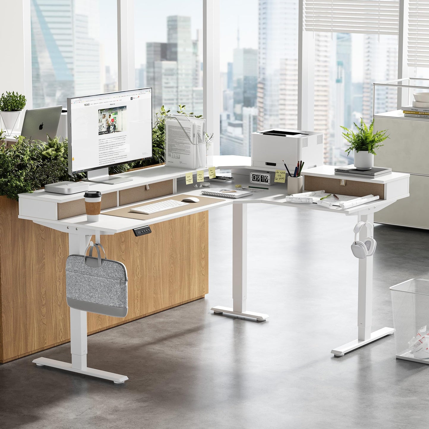 FEZIBO L Shaped Standing Desk, Electric Corner Desk with Drawers, 63 x 48 Inches Reversible Tabletop, Ergonomic Computer Desk, White Top
