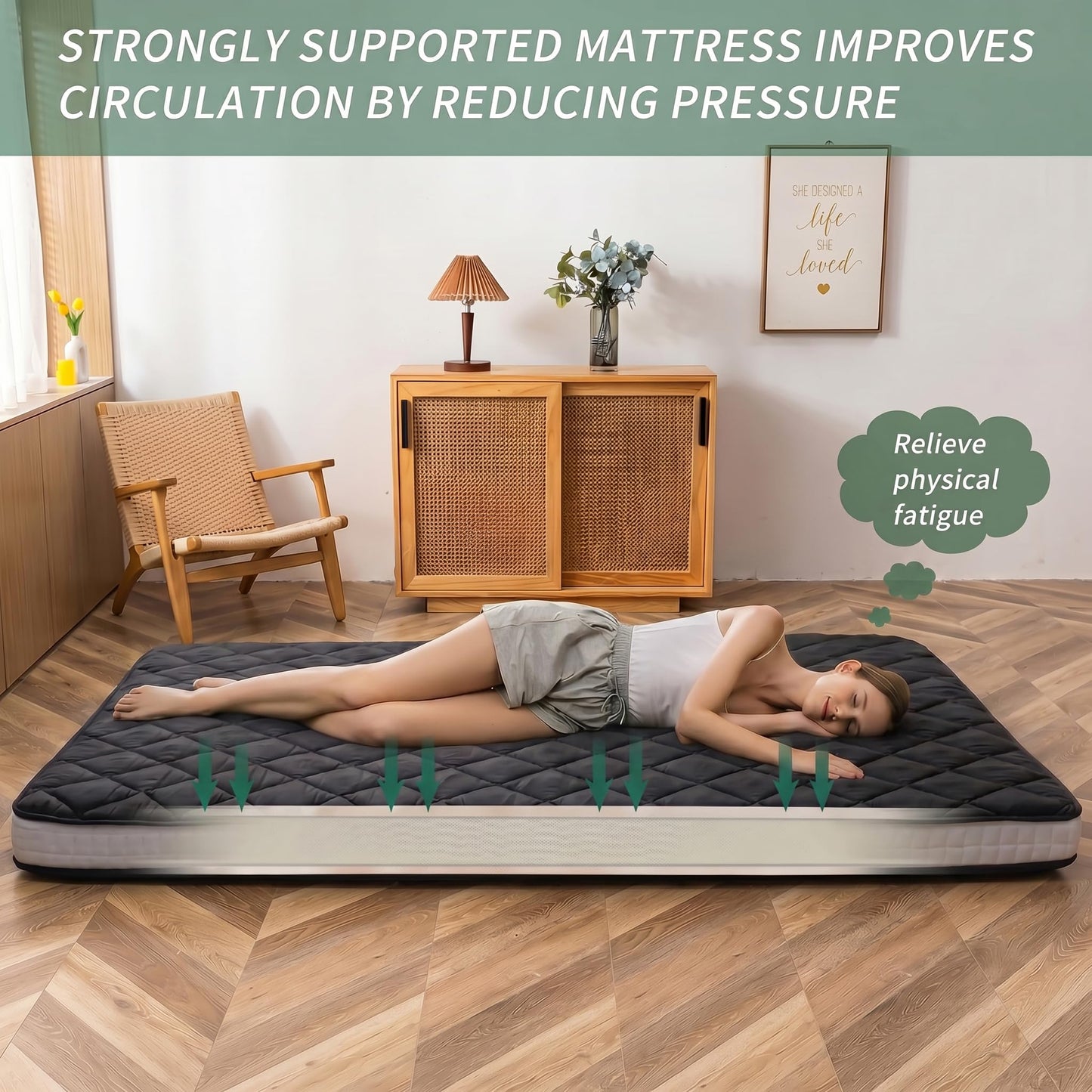 MAXYOYO Japanese Floor Futon Mattress Full Size, Floor Futon for Adults, Roll Up Folding Mattress, Diamond Patterned Japanese Futon Mat, Black