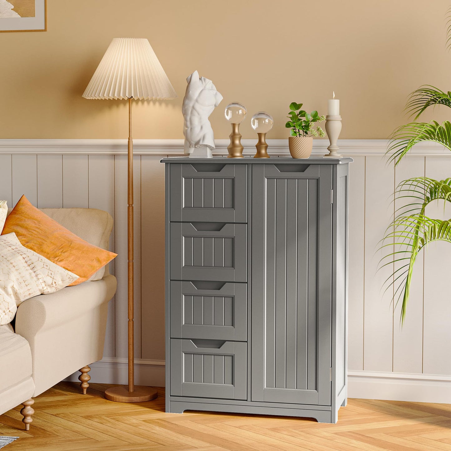 Gizoon Small Pantry with Door and Shelves, 33'' Kitchen Pantry Cabinet Freestanding Wooden Bathroom Storage Cabinet with 4 Drawers for Kitchen and Dining Room, Gray, Painted