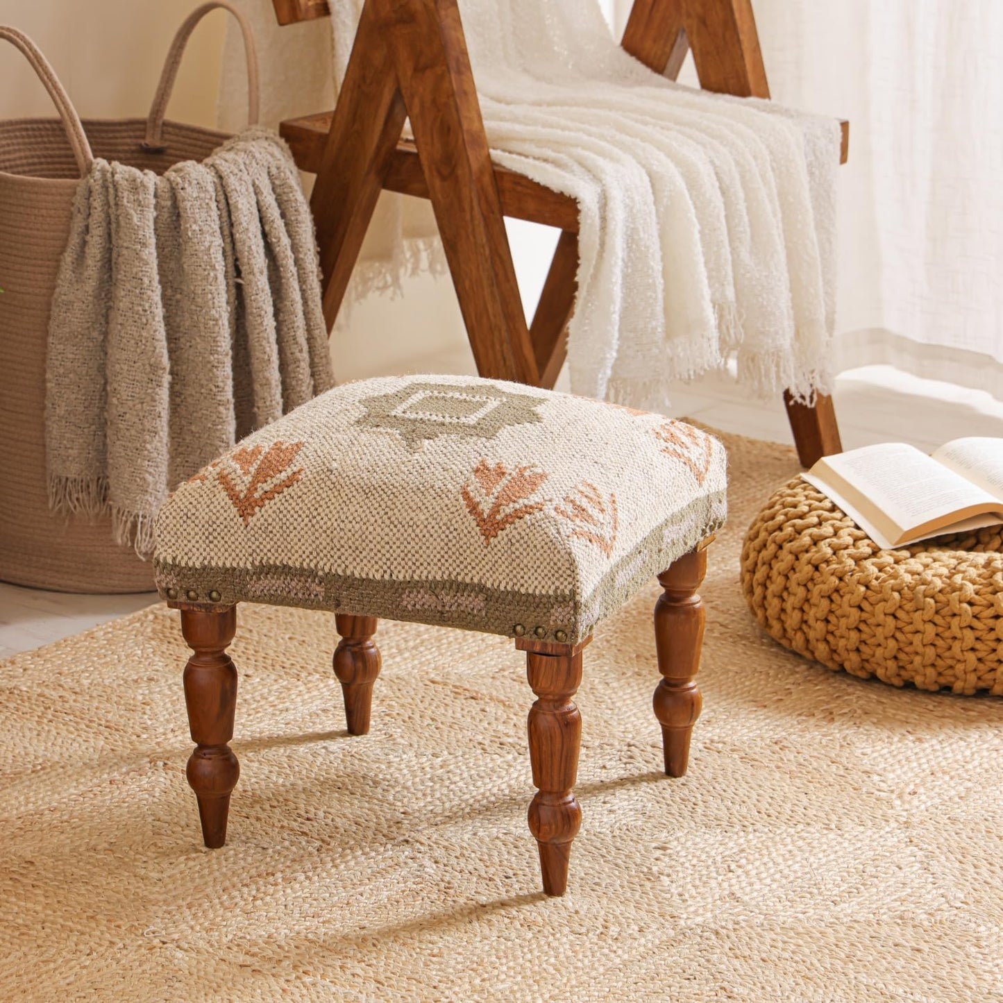 NATURAL FURNISH Handmade Jute Upholstered Ottoman Stool | Square Foot Rest with Wooden Legs | Decorative Accent Seating for Bedroom, Living Room, Entryway, Vanity & Hallway (Beige-Green)