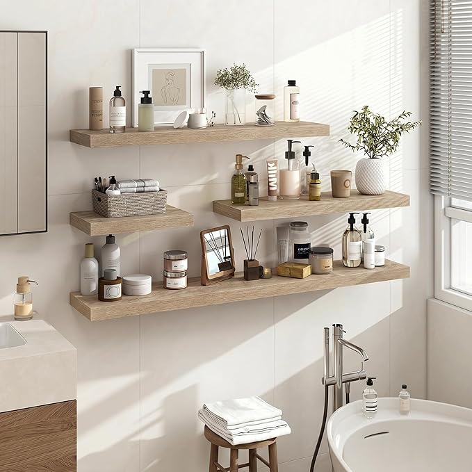 Acovy 48 Inch Floating Shelves, 3D Textured Wood Grain, Wooden Shelves